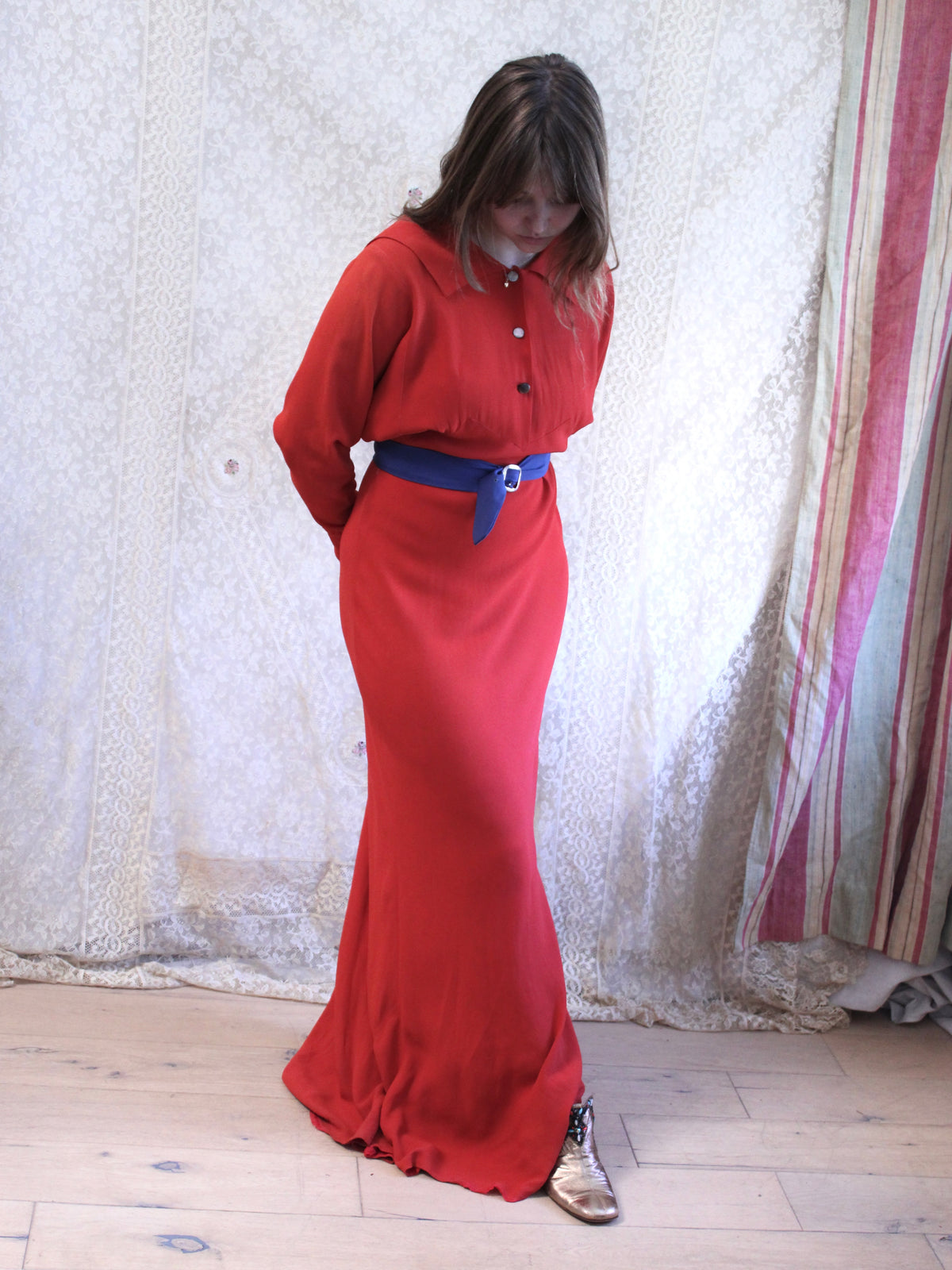 1930s Tomato Red Keyhole Back Rayon Crepe Bias Gown