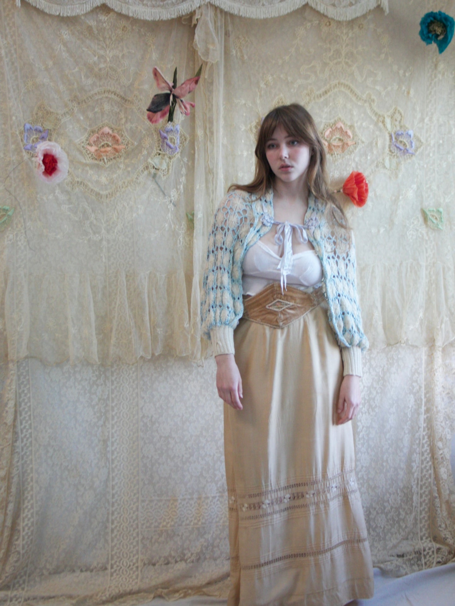 1930 Crochet Wool Knit Silk Ribbon Shrug