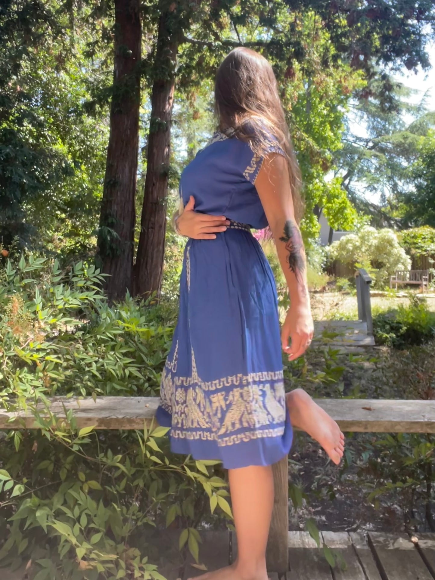 1940s Two Piece Embroidered Rayon Crepe Cobalt Skirt Blouse Set