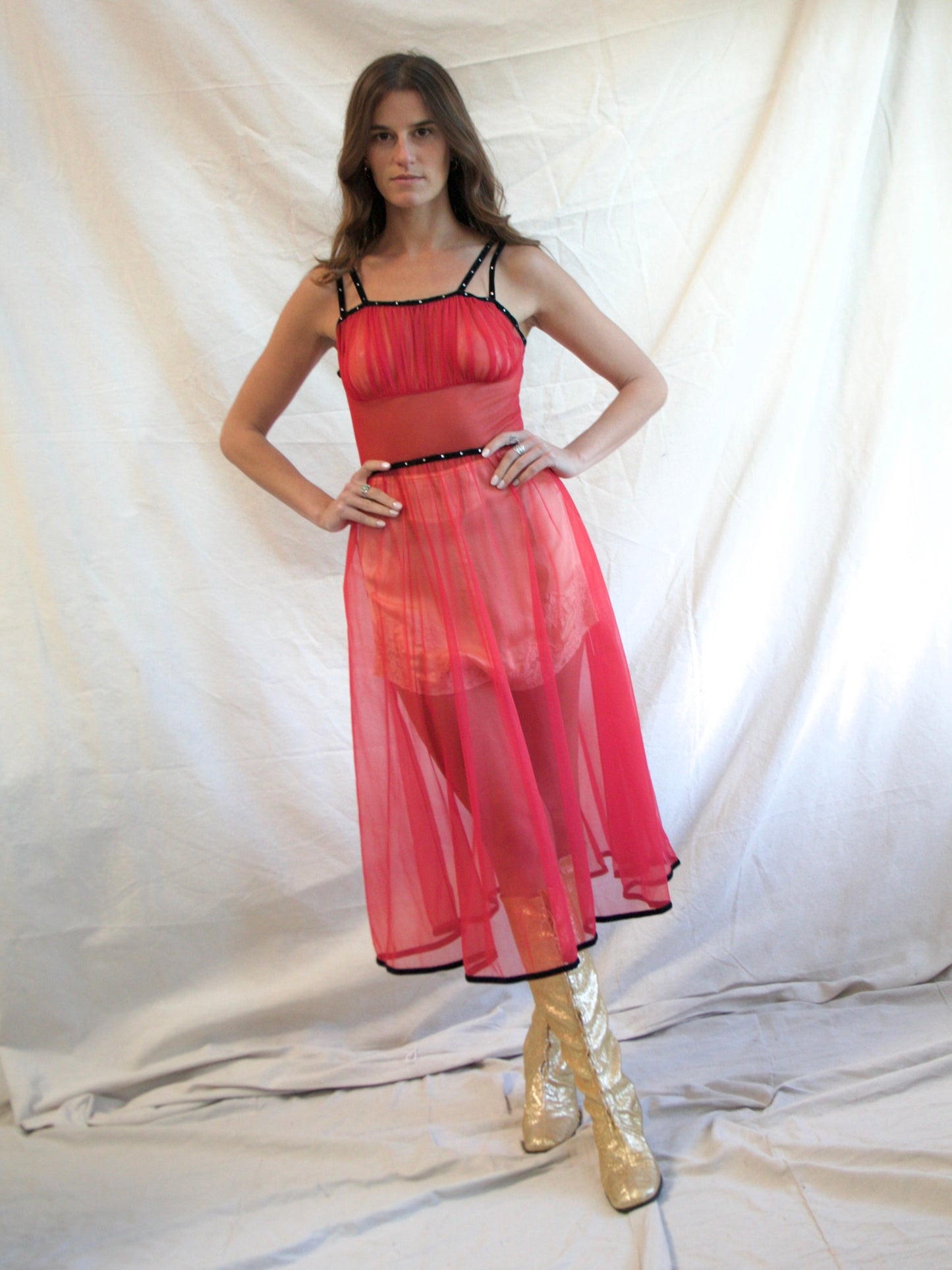 1950s Cherry Red Nylon Faux “Studded” Velveteen Trim Slip Dress