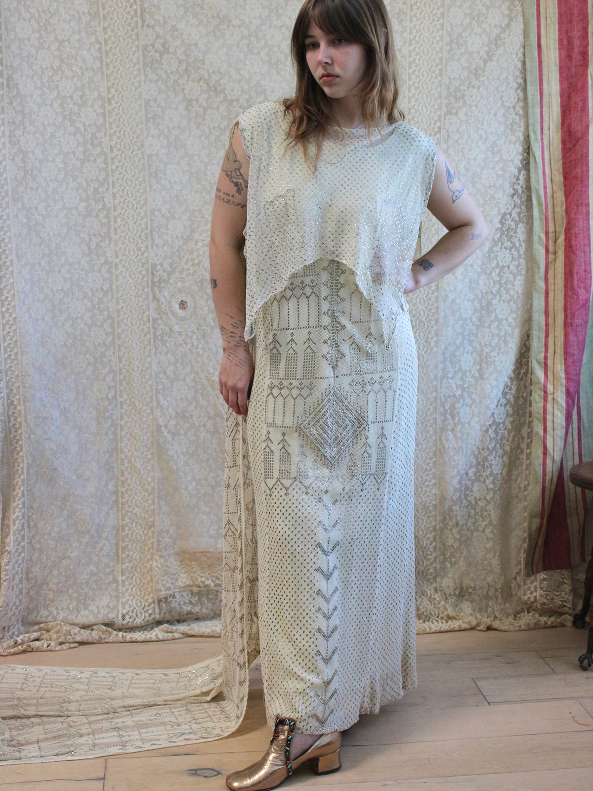 Antique 1920s Assuit Grecian Draped Back Trained Bridal Gown