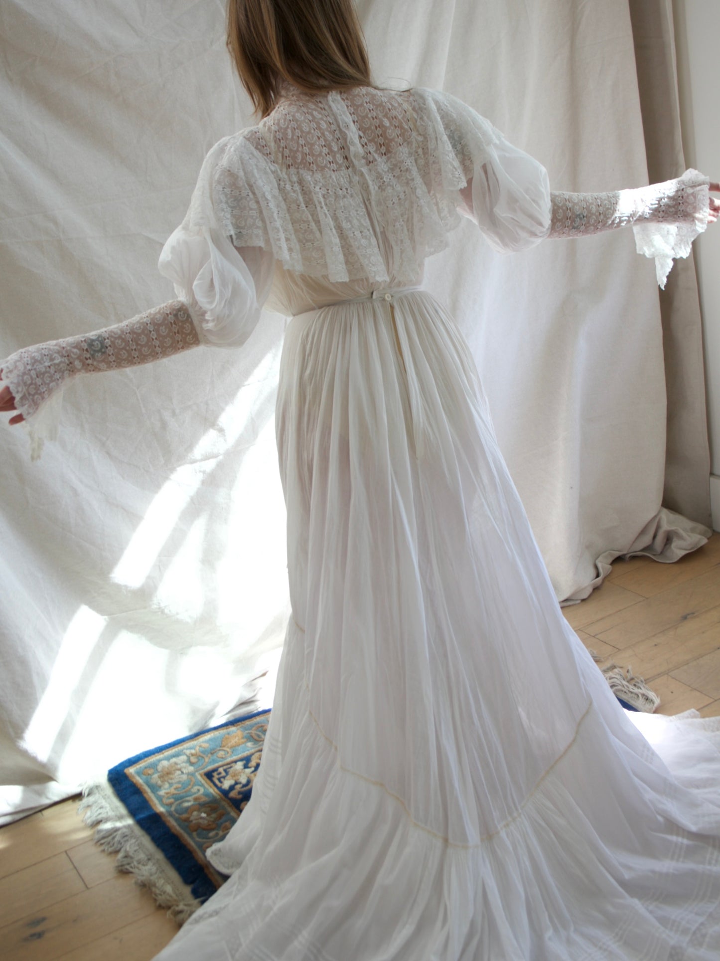 Antique Turn Of The Century Batiste Cotton Inset Lace Trained Mutton Gown
