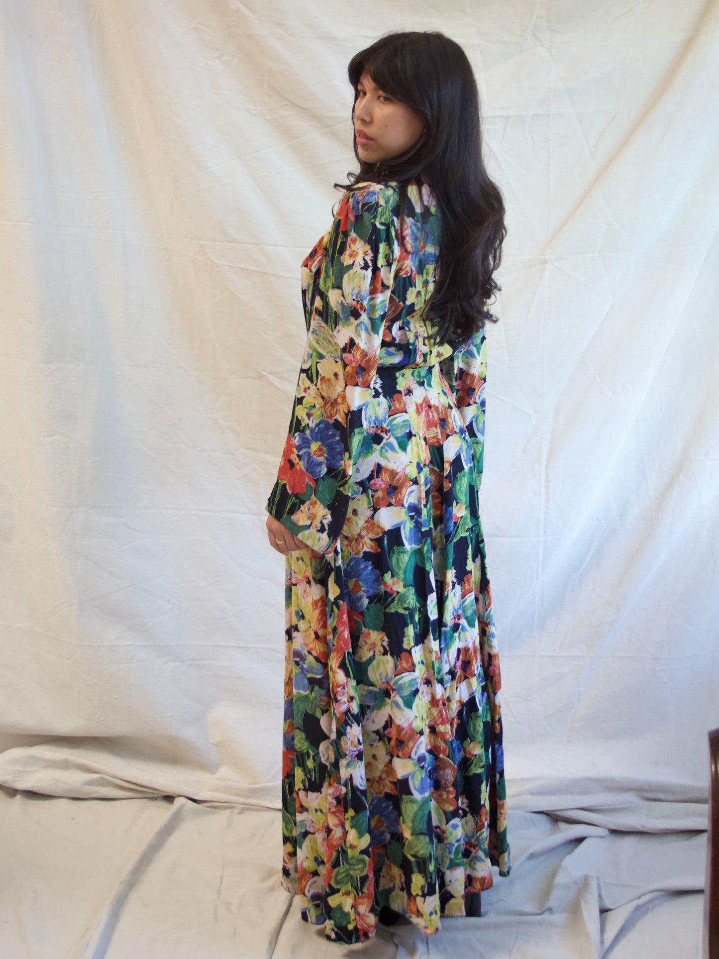 1930s Zip Front Puff Bell Sleeve Floral Silk Crepe Dress