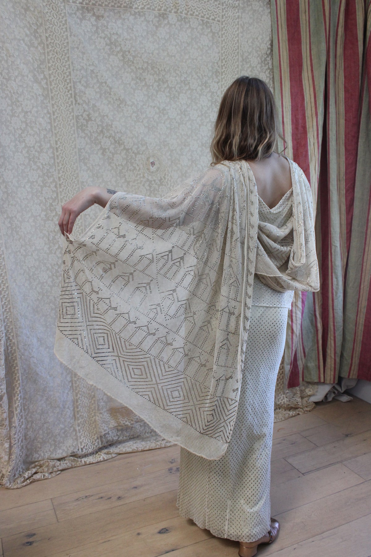 Antique 1920s Assuit Grecian Draped Back Trained Bridal Gown