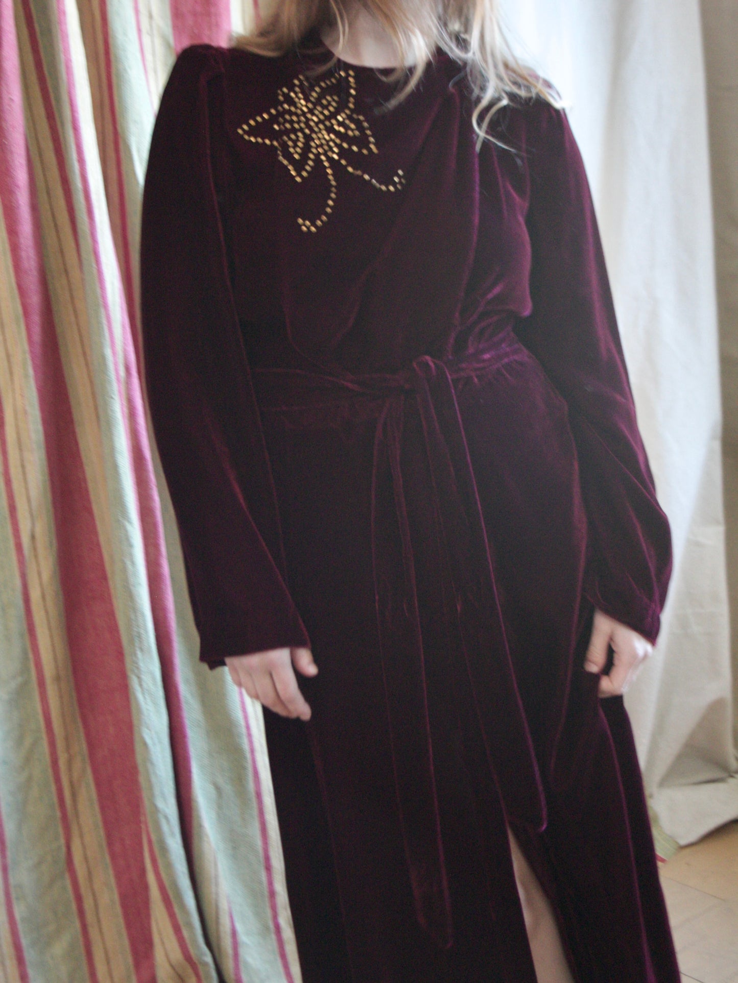 1940s Studded Merlot Velveteen Strong Shoulder Wrap Gown