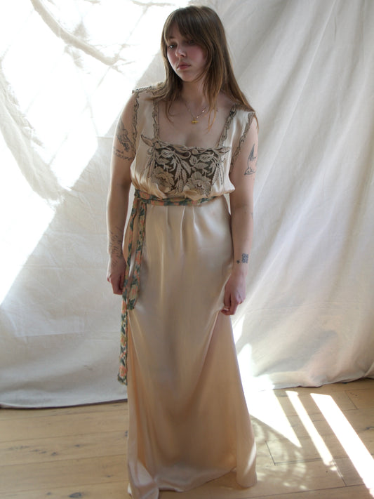 1930s Champagne Silk Inset Lace Low Back Slip Dress