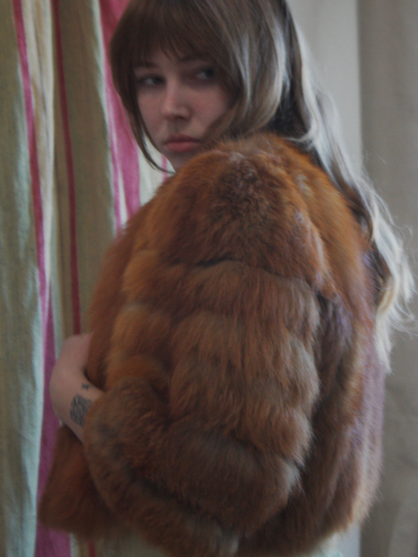 1940s Strong Shoulder Fox Fur & Silk Satin Cropped Jacket