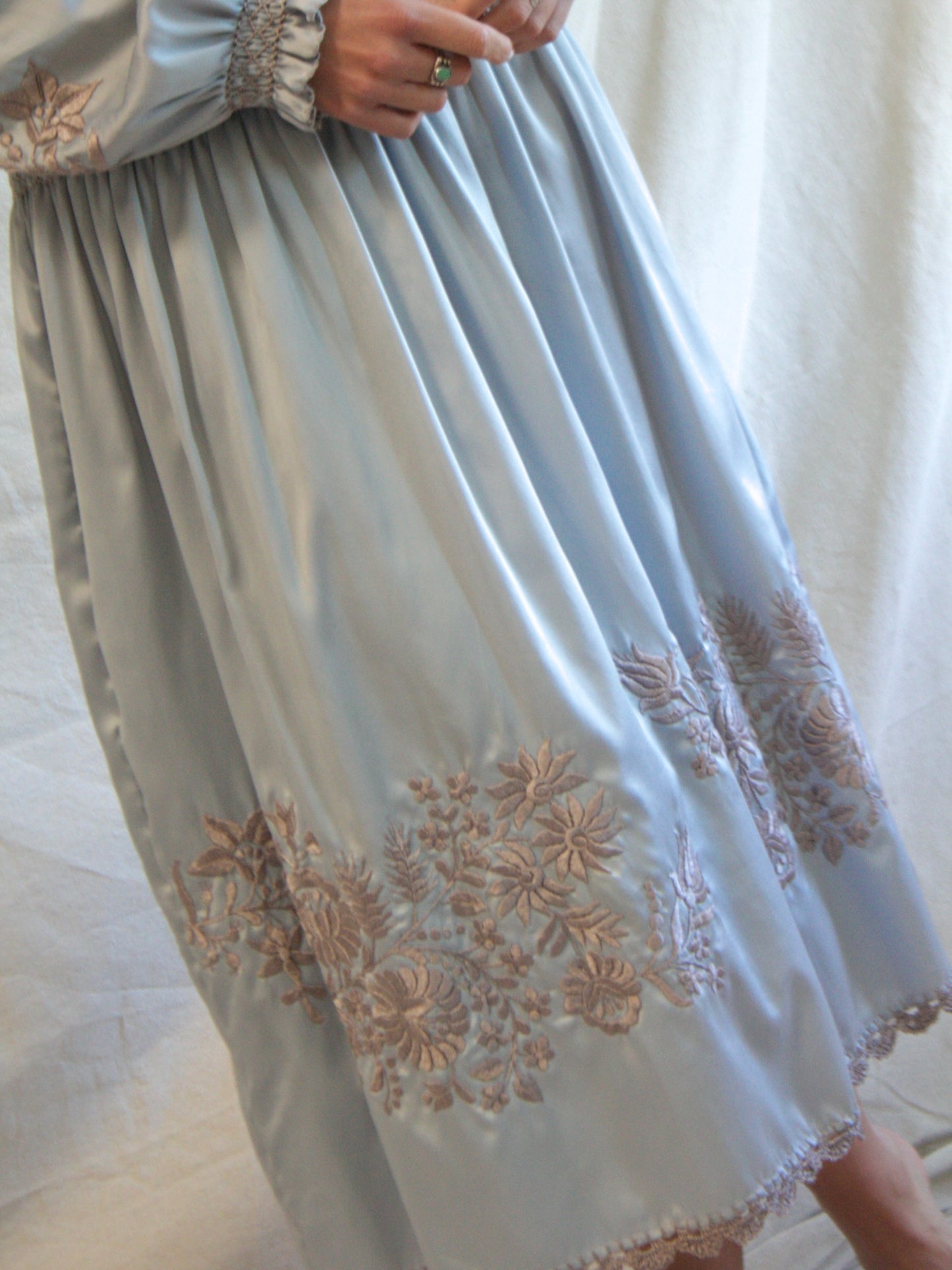 Vintage Icey Blue Silk Satin Hungarian Embroidered Peasant Dress