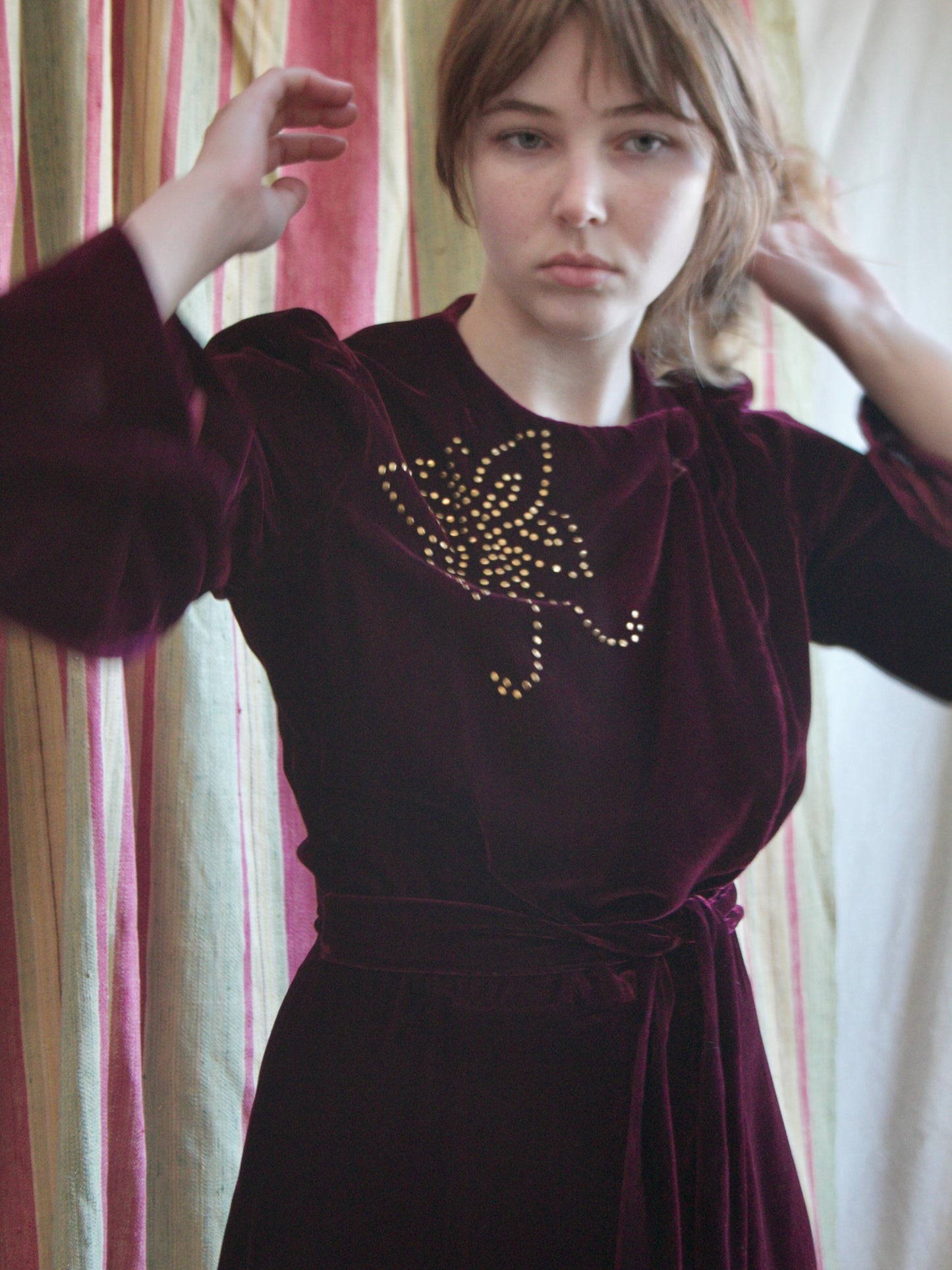 1940s Studded Merlot Velveteen Strong Shoulder Wrap Gown