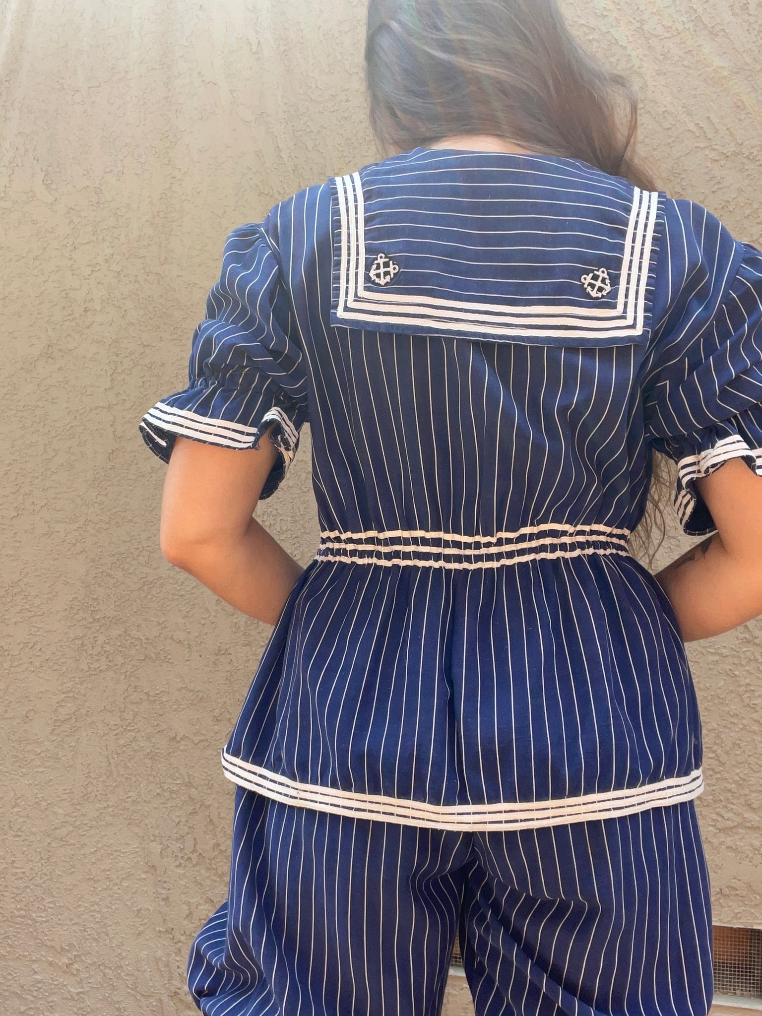 Late 1800s Striped Swimsuit Made Circa 1930s-2 Piece Jumpsuit + Hat