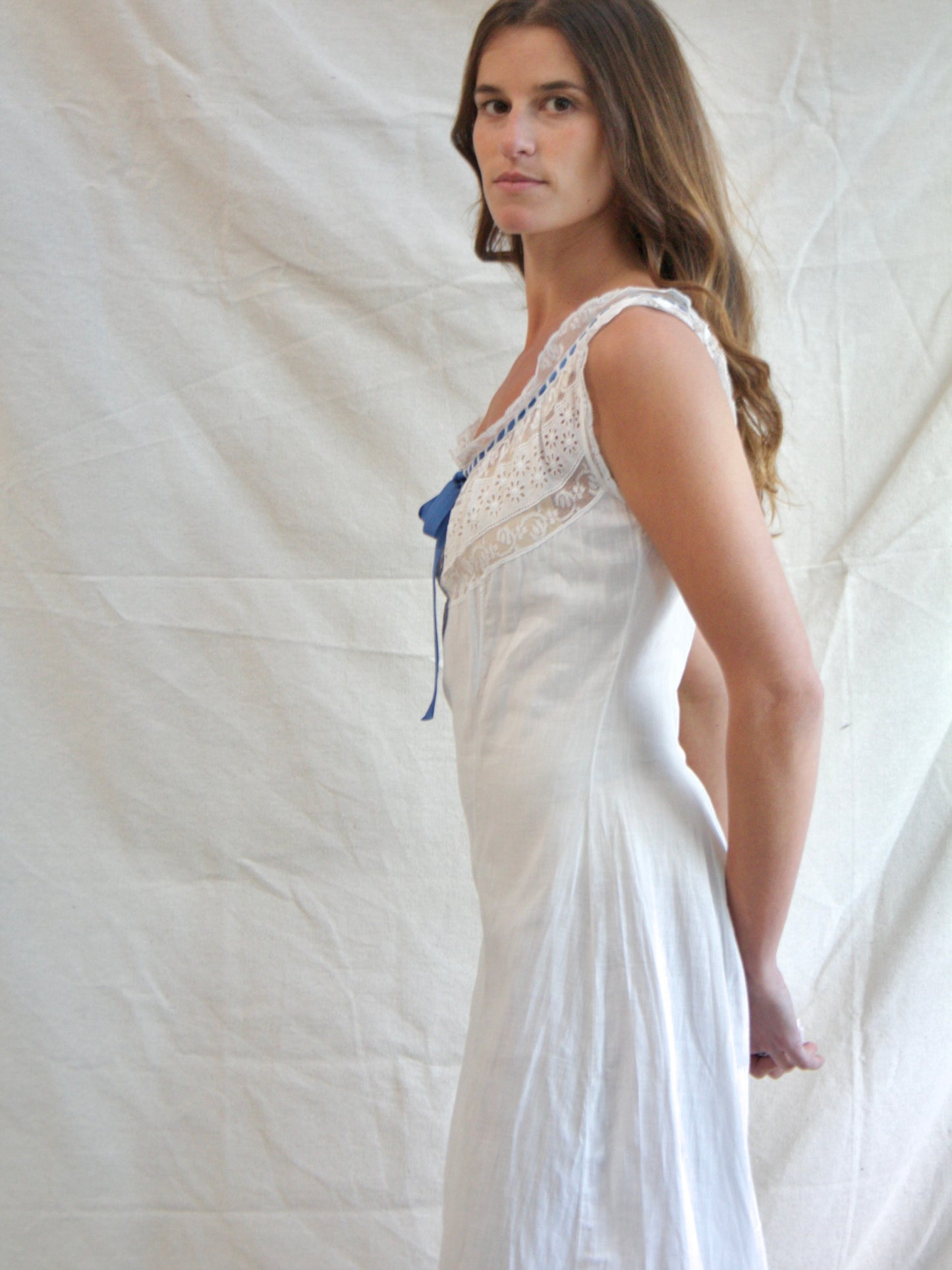 Antique Edwardian Cotton & Lace Ribbon Princess Slip Dress