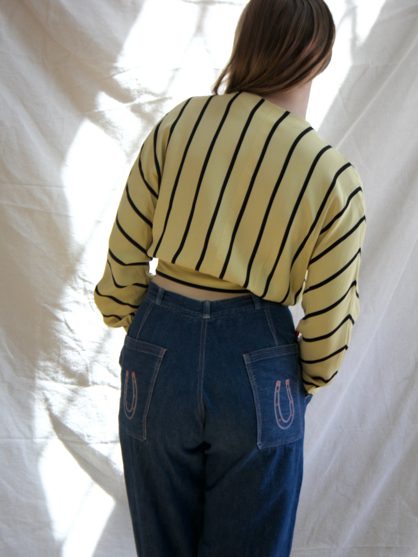 1940s Sriped Jersey Dolman Sleeve Tie Waist Blouse