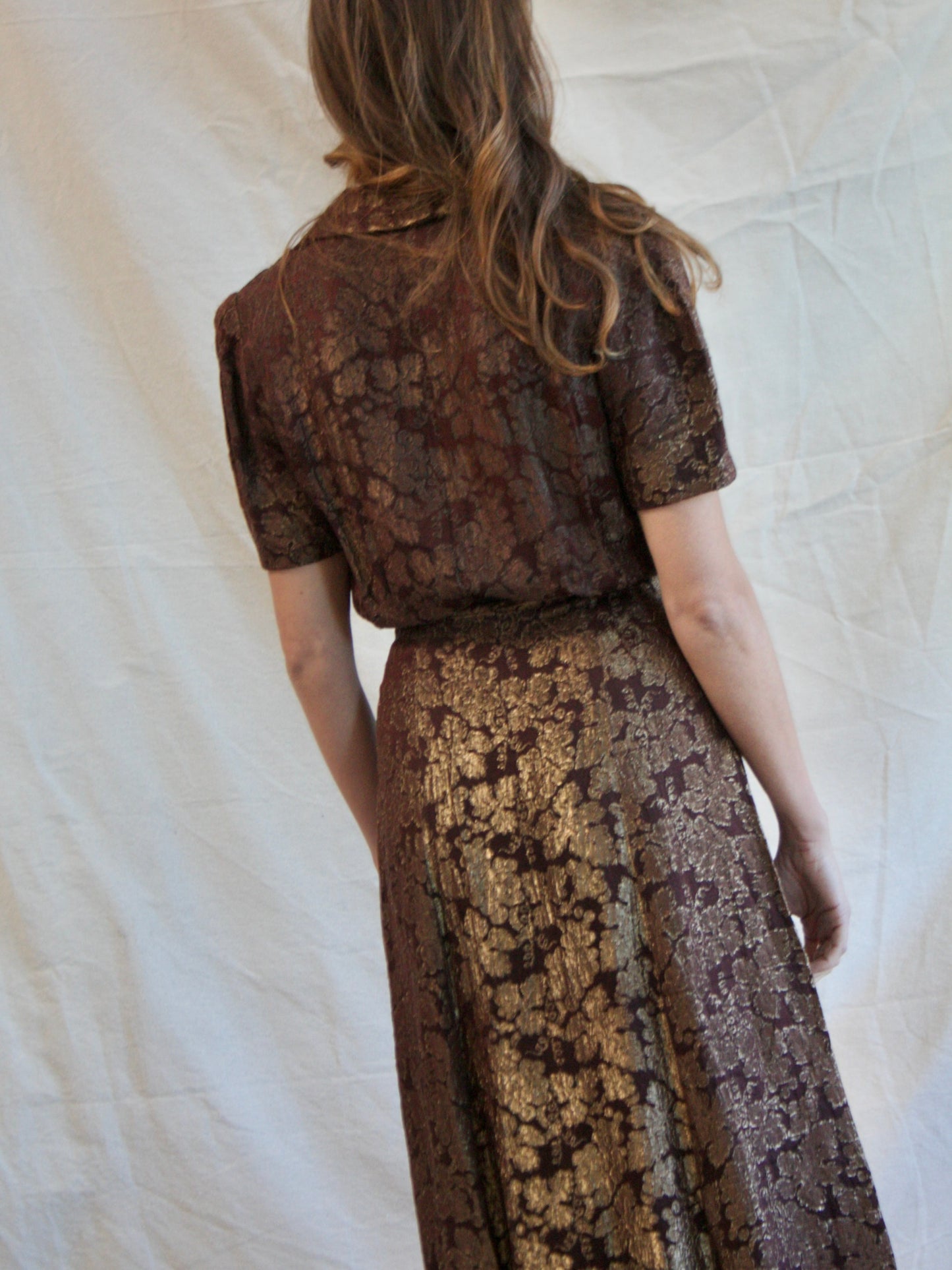 1940s Puff Sleeve Chocolate & Gold Lamé Dress