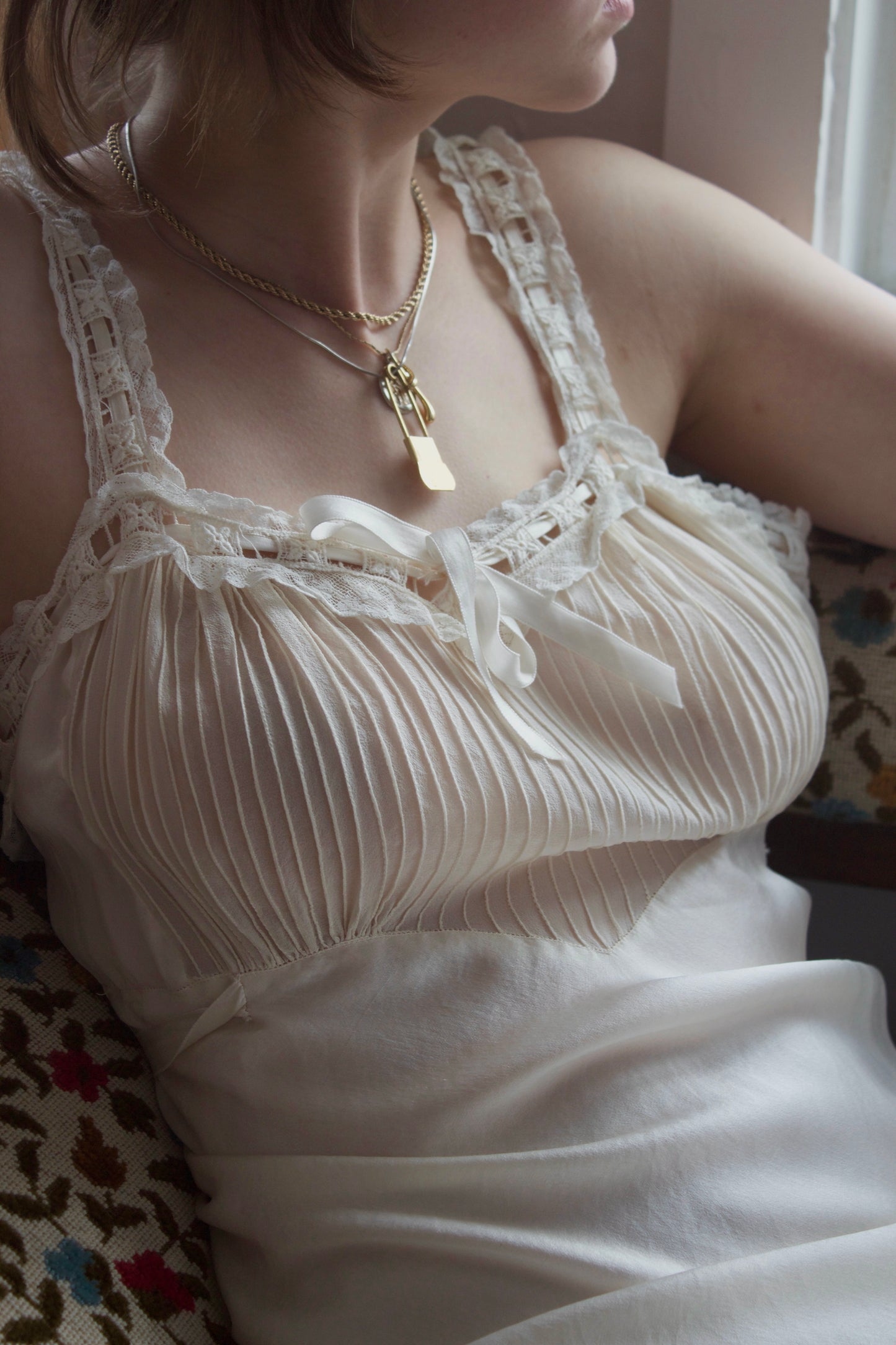 1930s Ivory Silk & Chiffon Bias Cut Slip Dress W/ Lace Trim