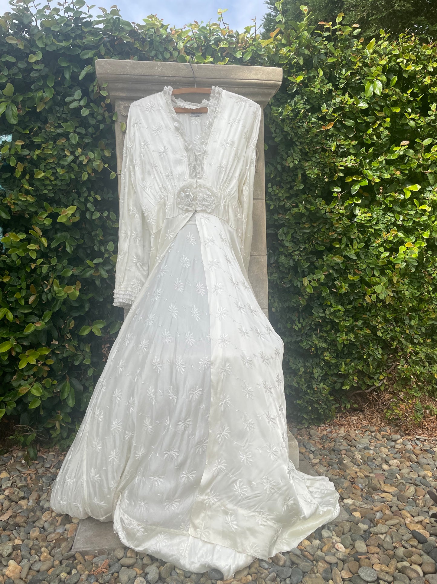 1940s Bridal Slipper Satin Bell Sleeve Embroidered Peignoir Dress