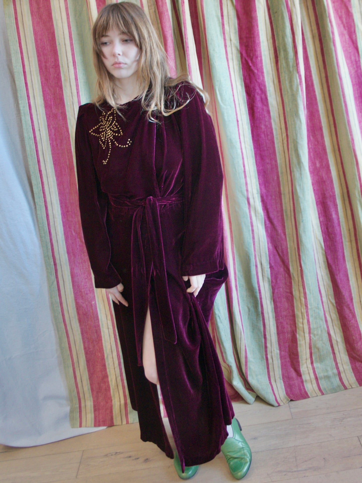 1940s Studded Merlot Velveteen Strong Shoulder Wrap Gown