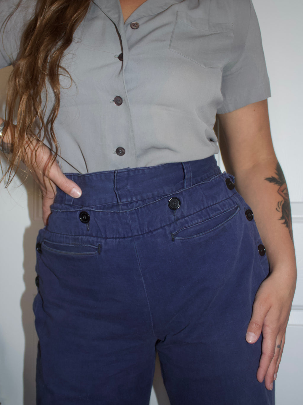 1940s European Indigo Cotton Fall Front Side Buckle Sailor Pants