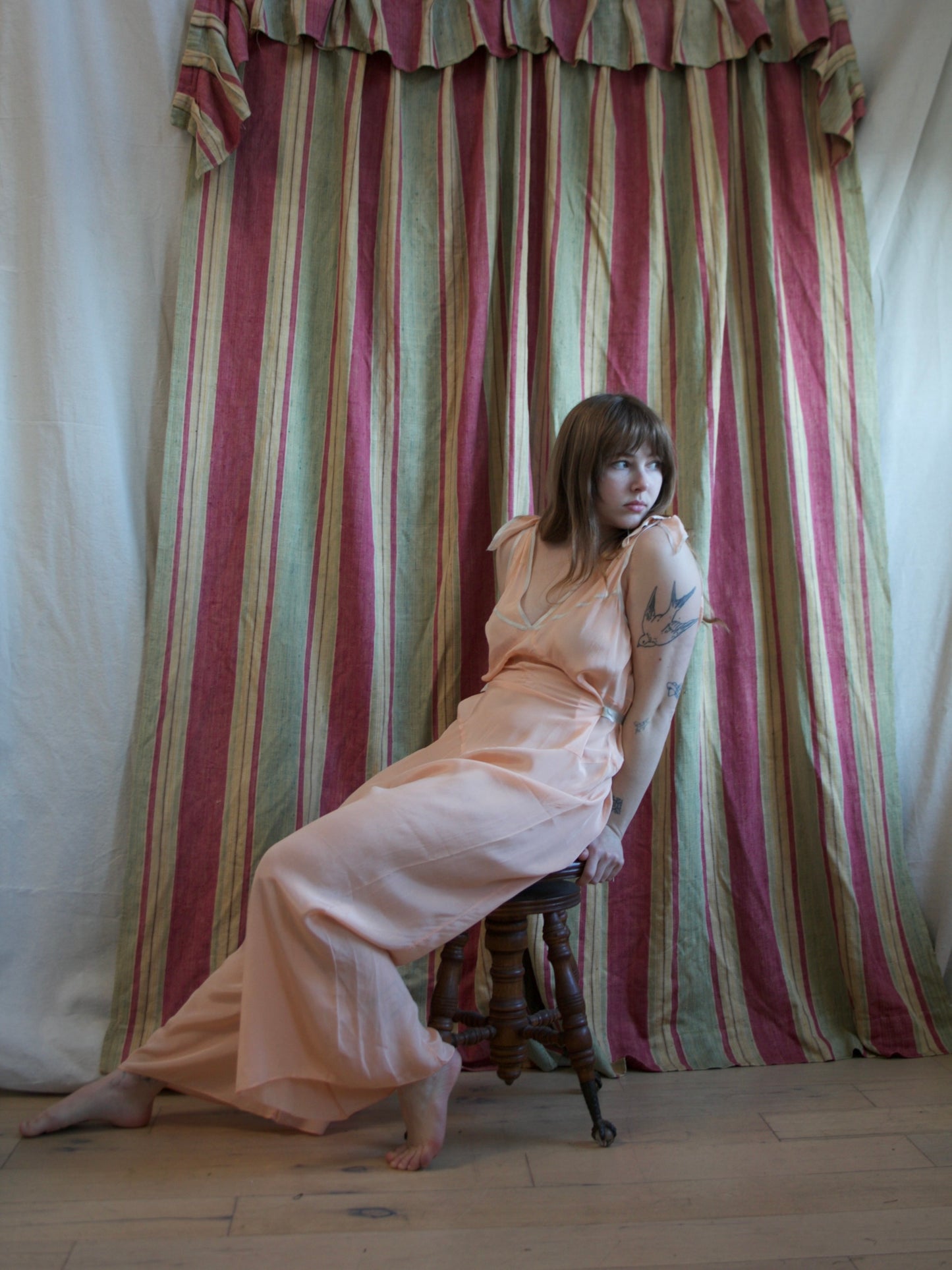 1930s Petal Pink Silk & Baby Blue Trim Tie Shoulder Palazzo Jumpsuit