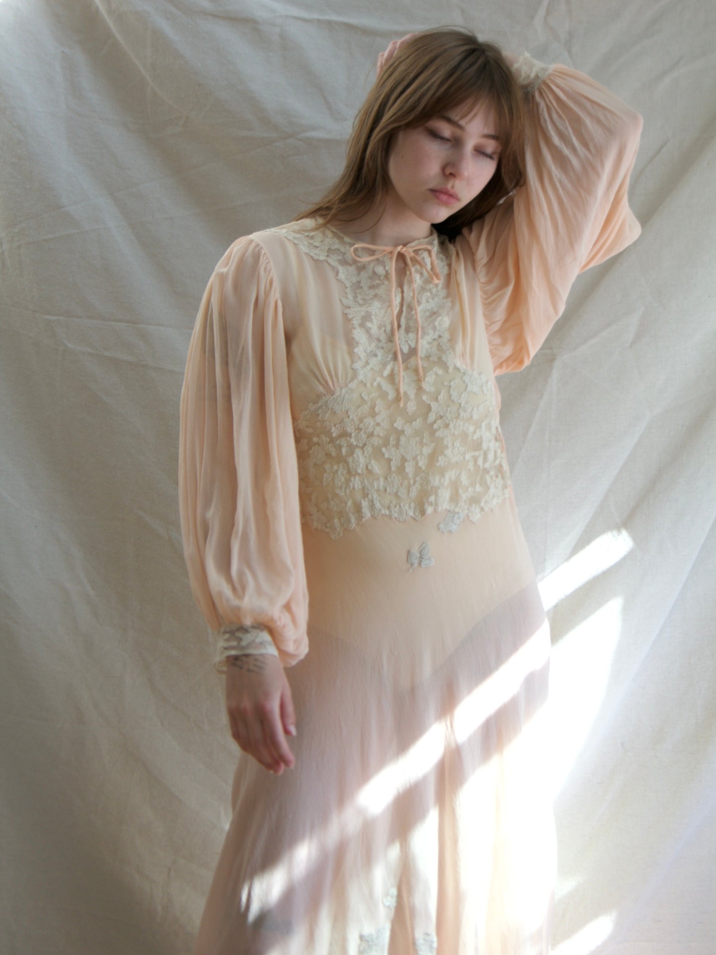 Special 1930s Hand Stitched Bishop Sleeve Chiffon Appliqué Bias Cut Gown