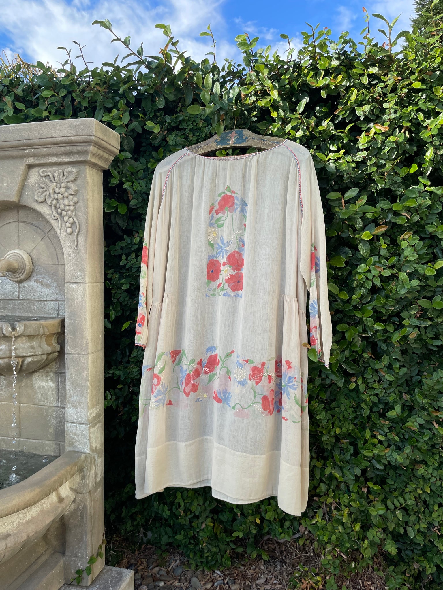 Rare Art Nouveau Hand Painted Floral Cotton Gauze Folk Dress