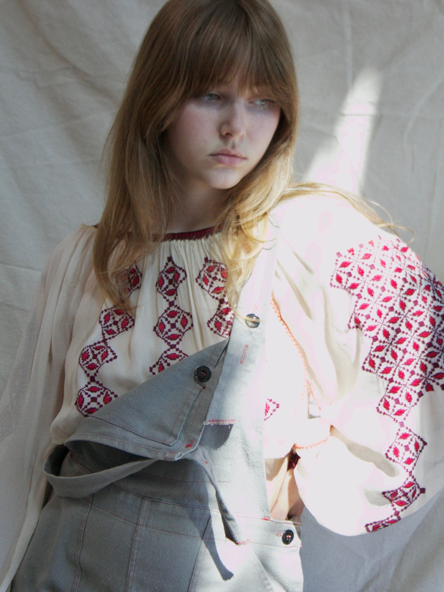 Antique Fine Poet Sleeve Romanian Embroidered Cropped Blouse