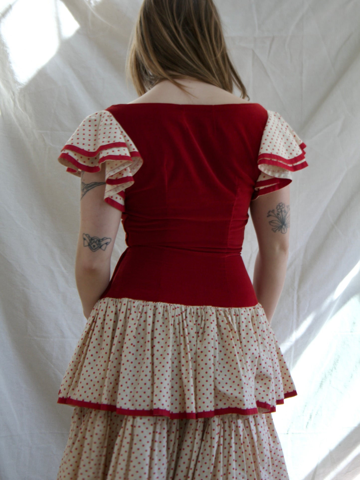 1930s Flamenco Velveteen Polka Dot Ruffle Dress