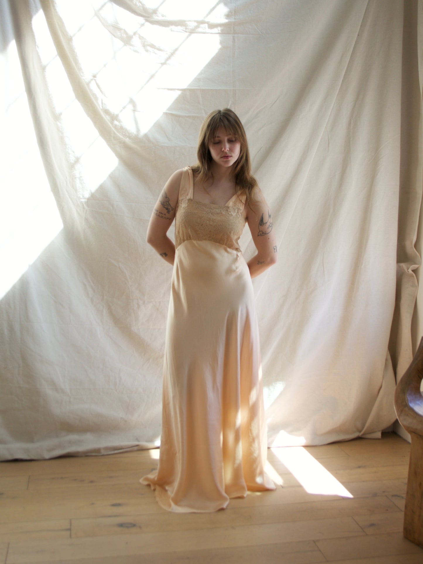 1930s Blush Pink Silk Ecru Lace Bias Cut Slip Gown
