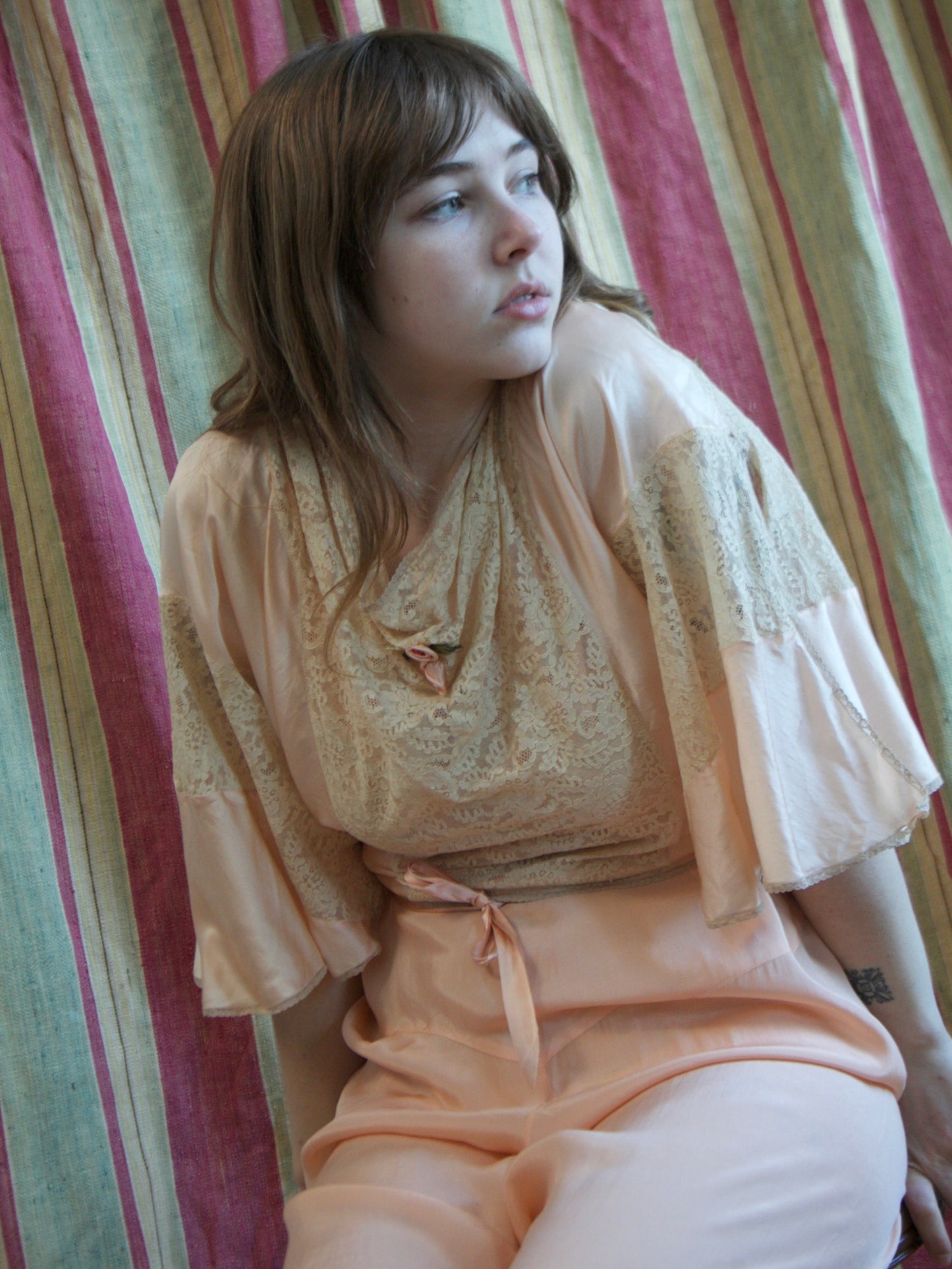 Antique Soft Pink Silk & Lace Ribbonwork Tie Waist Capelet Blouse