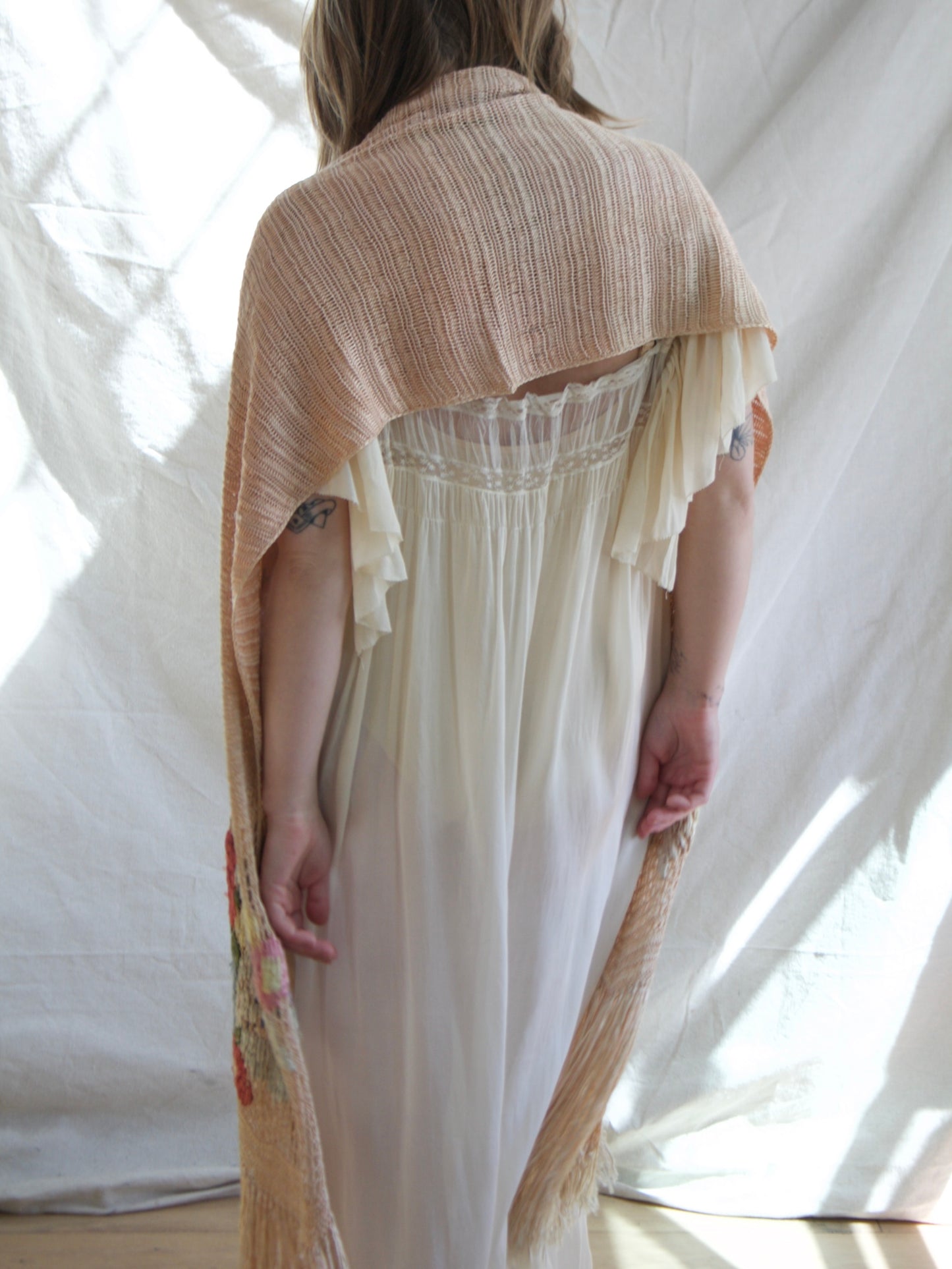 1930s Austrian Silk Crochet Floral Fringe Shawl