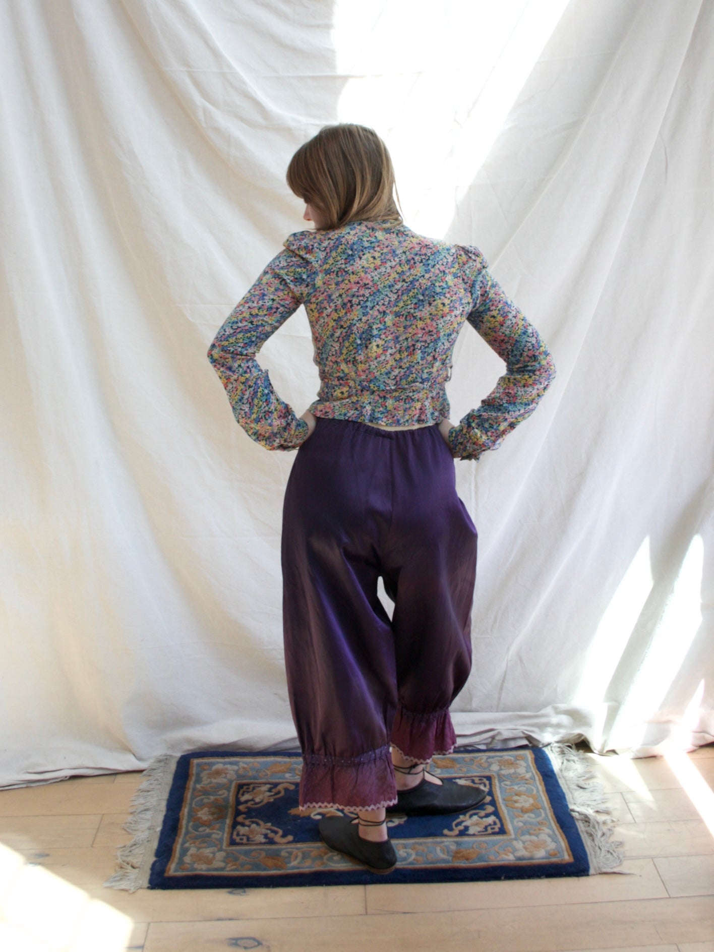 1930s Micro Floral Belted Rayon Crepe Cropped Blouse