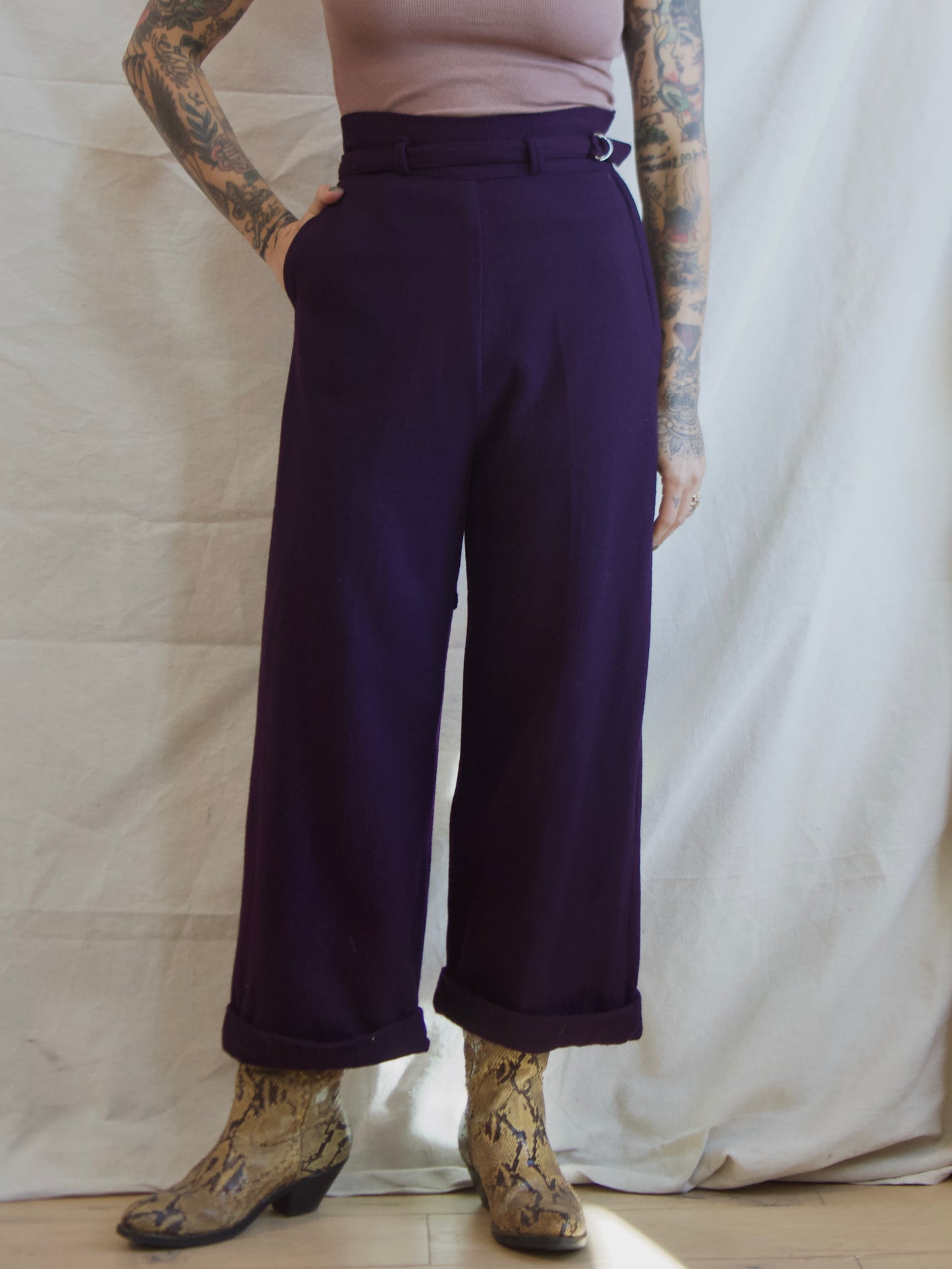1940s Deep Plum Wool Flannel Side Button Belted Wide Leg Pants