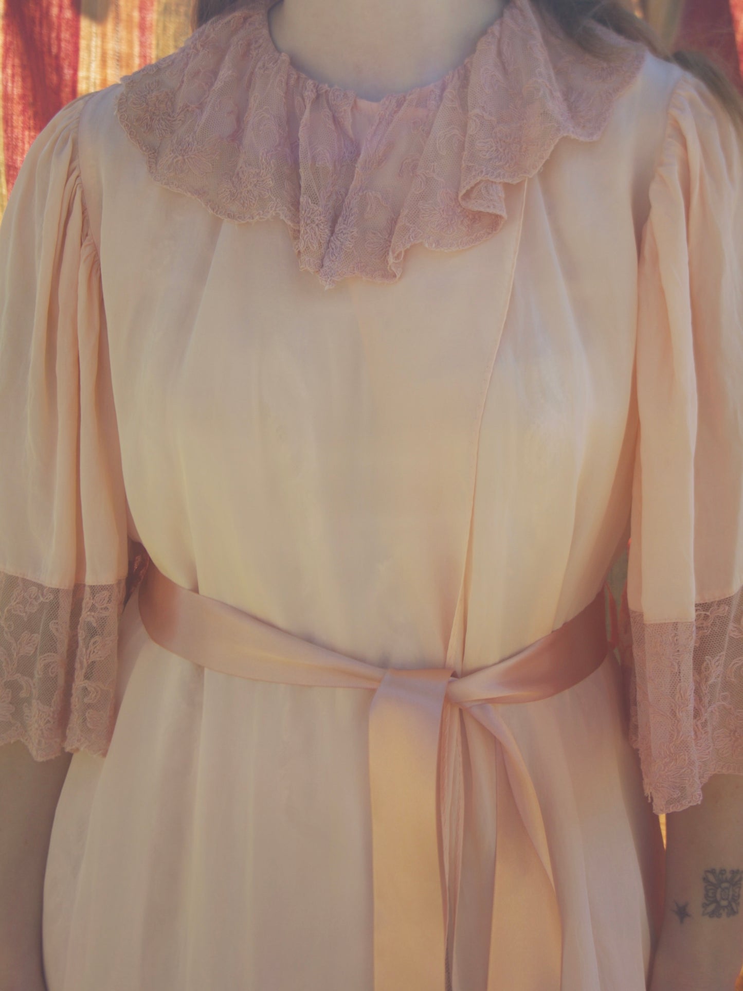1930s Flutter Sleeve Tambour Lace Trim Wrap Robe