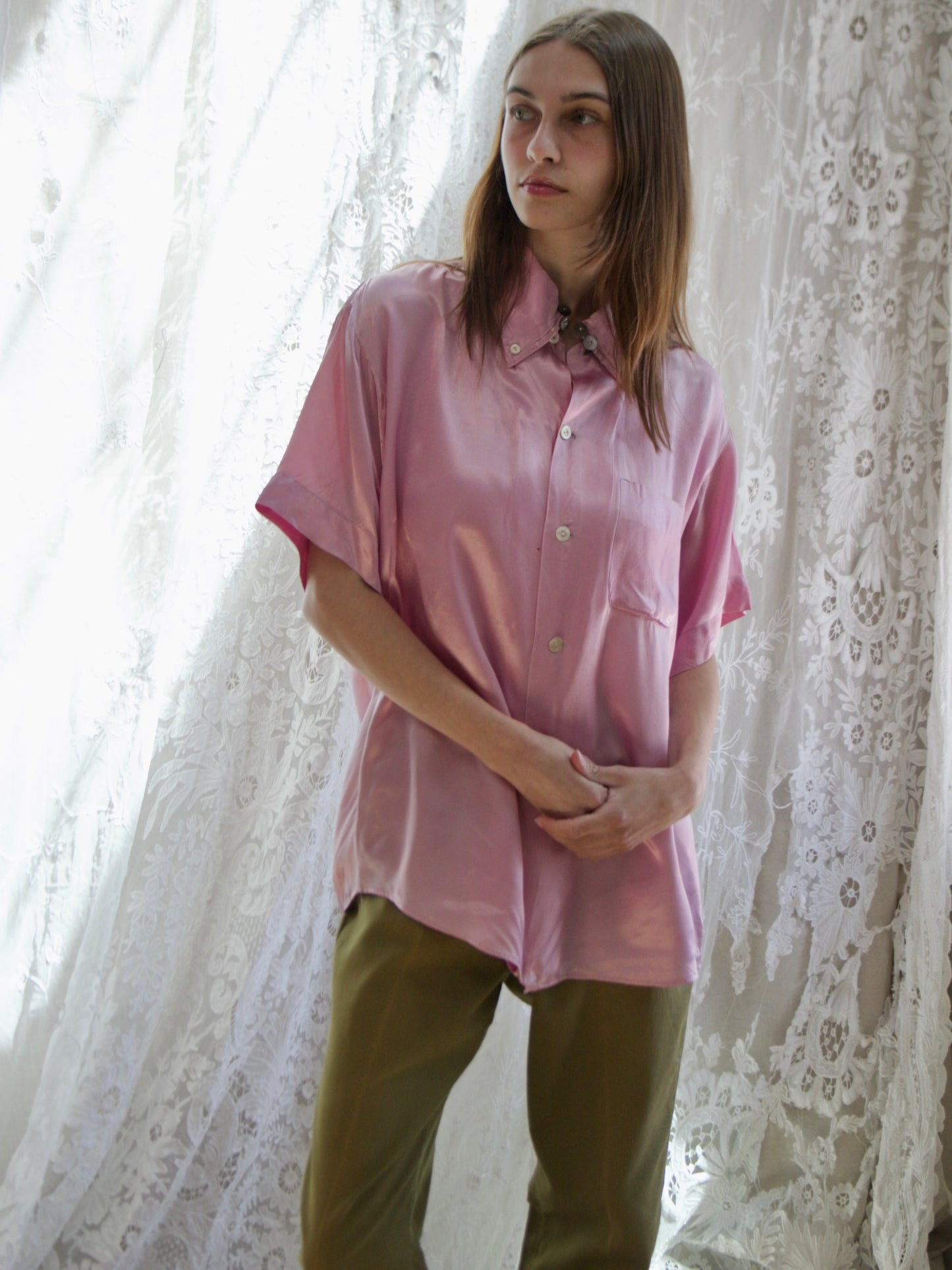 Rare 1950s 'Day-Glo' Neon Lilac Rayon Satin Shirt