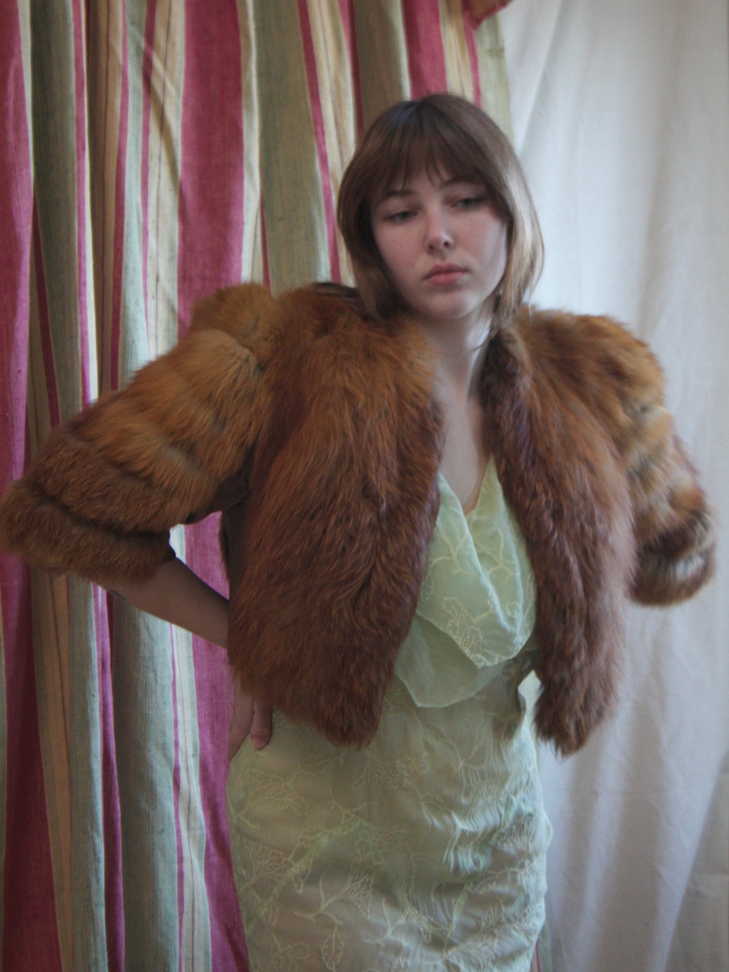 1940s Strong Shoulder Fox Fur & Silk Satin Cropped Jacket