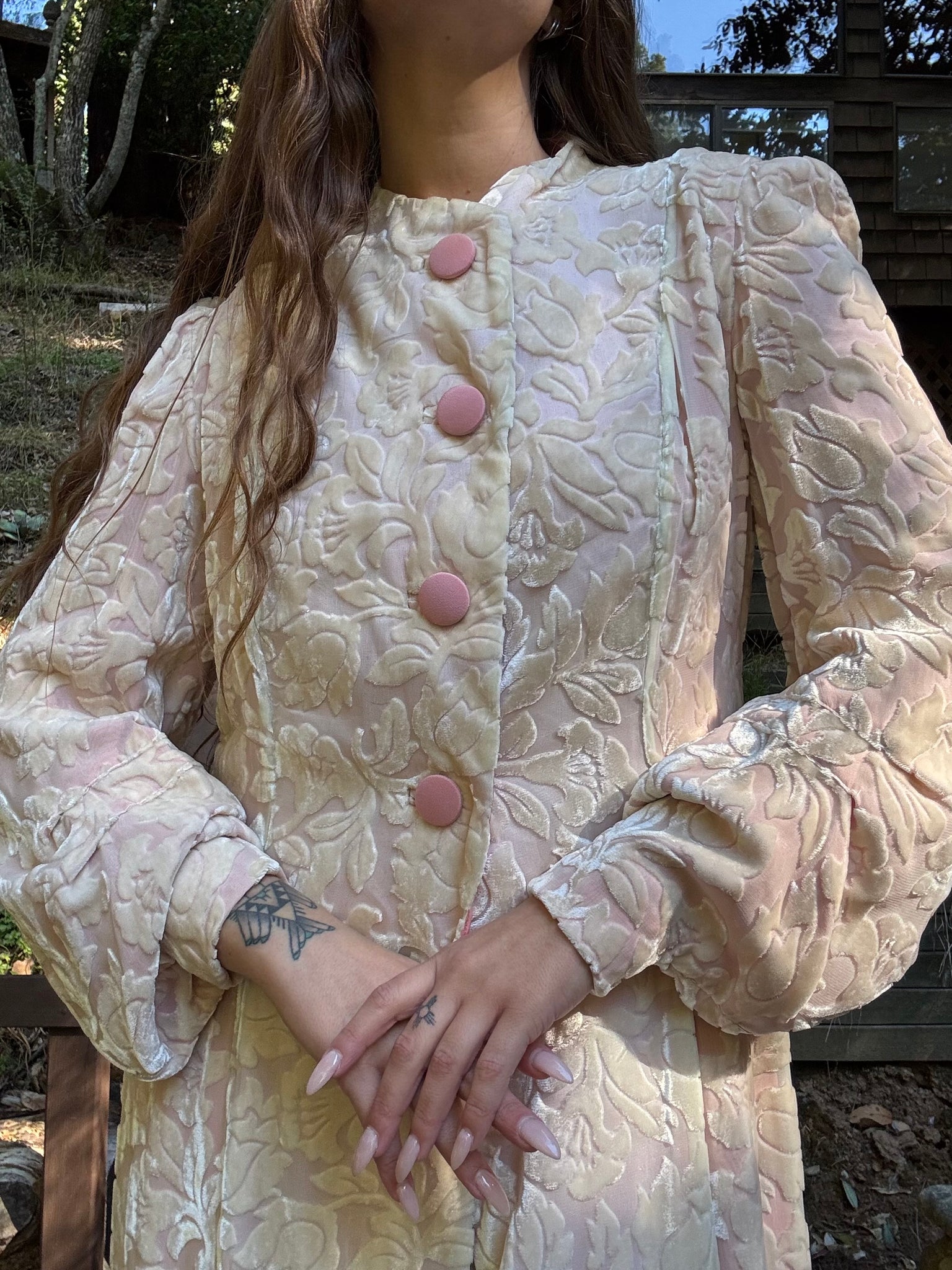 1930s Soft Pastel Pink Devore Velvet Bishop Sleeve Floor Length Coat