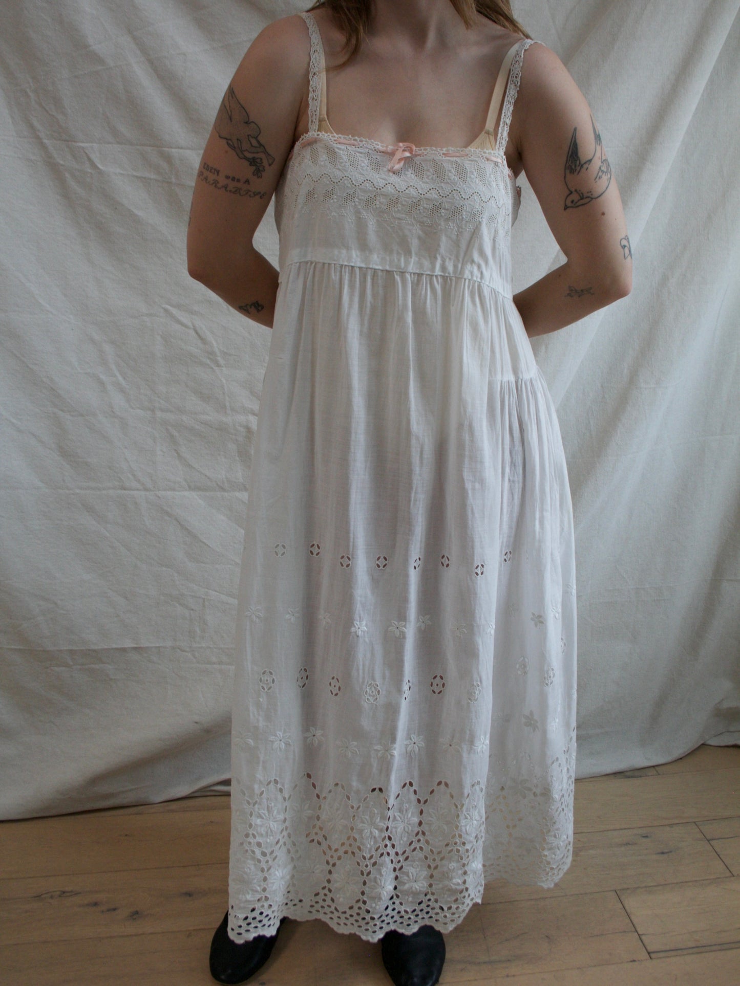 Antique Broderie Anglaise Silk Ribbon Tie Cotton Chemise