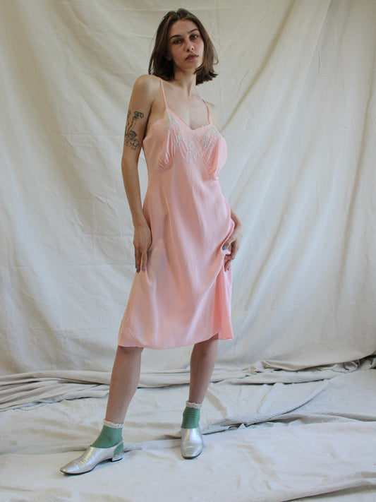 1940s Cold Rayon Insertion Lace Short Bias Cut Slip Dress