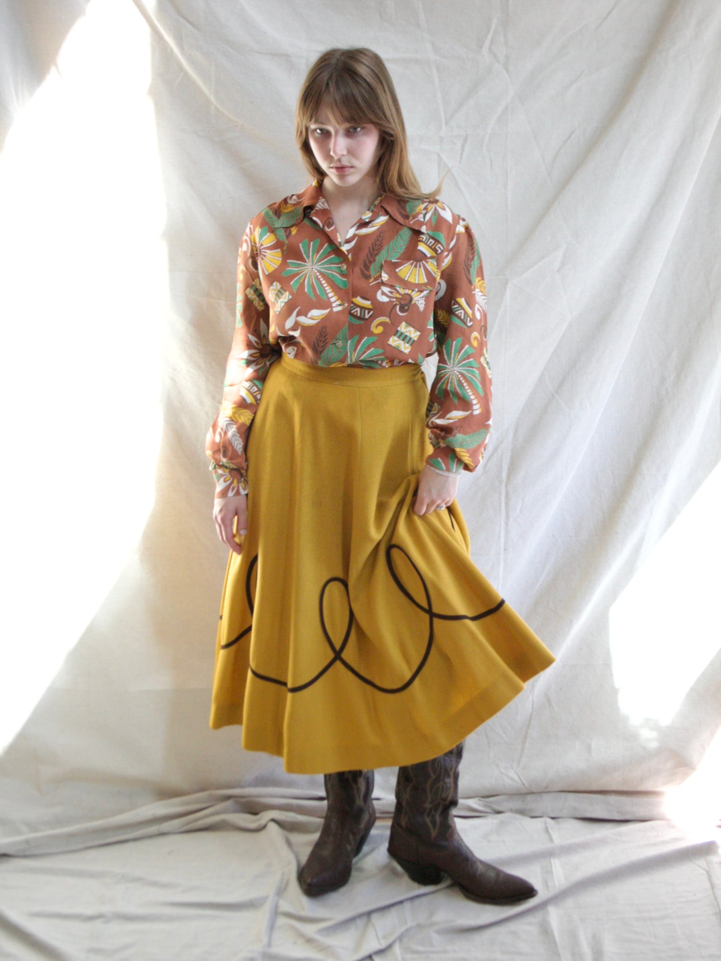 1950s Marigold Wool W* Looped Trim Circle Skirt