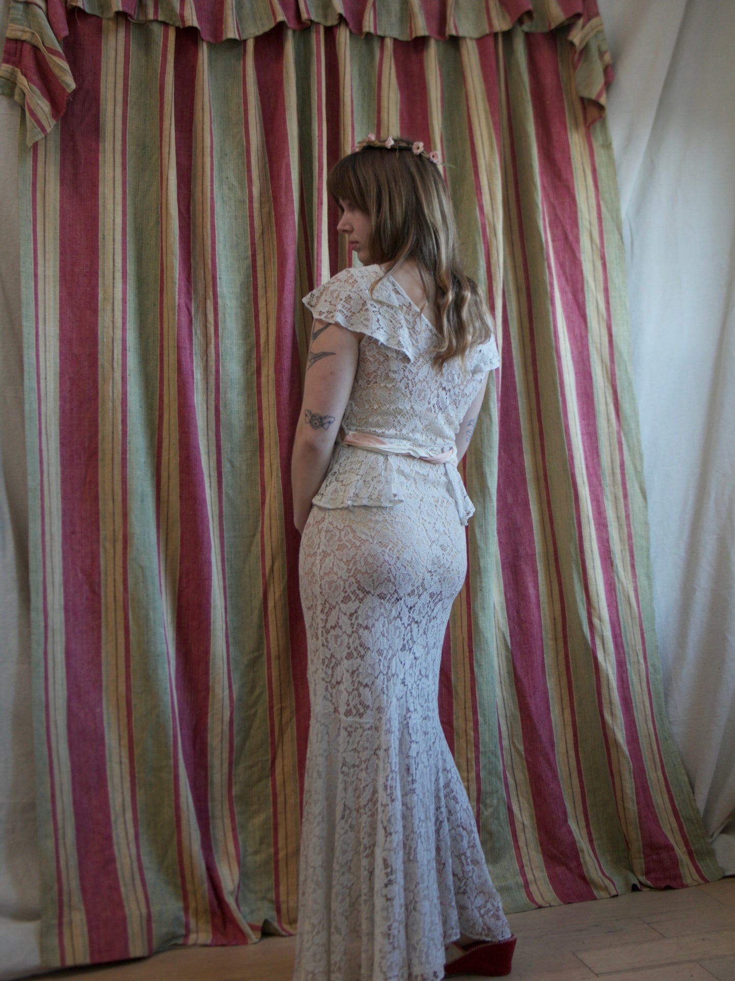 1930s Ivory Lace Ribbonwork Rosette Peplum Bias Cut Gown