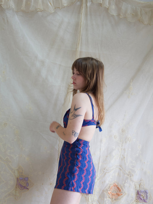 1940s Indigo Cotton Novelty Print Open-Tie-Back Side Button Playsuit