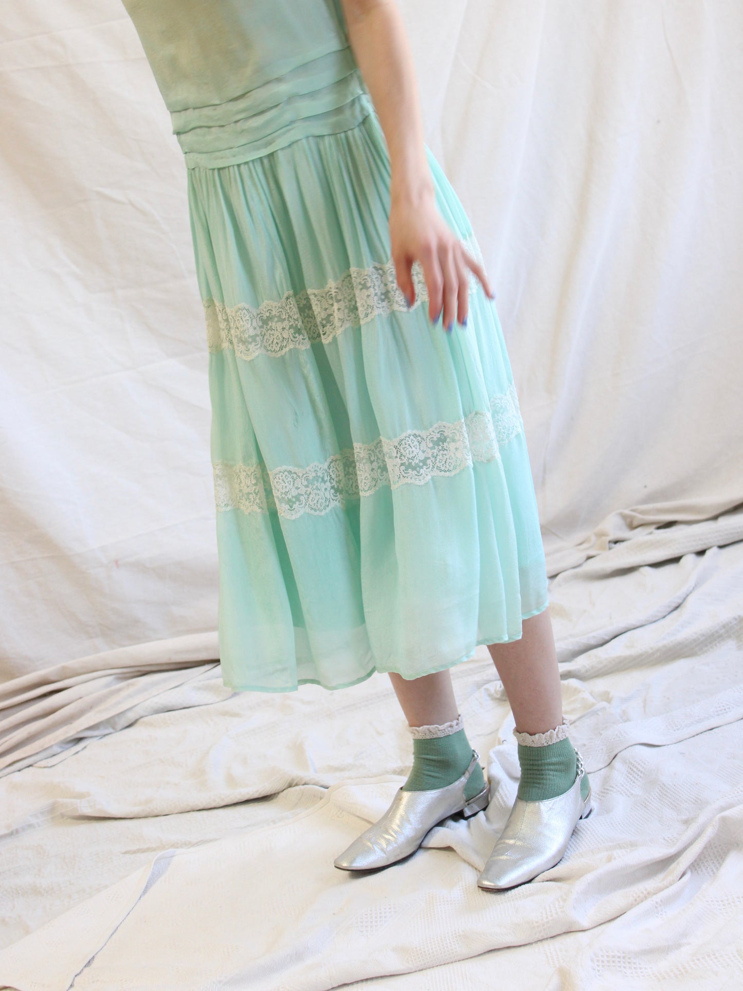 1920s Insertion Lace Mint Chiffon Day Dress
