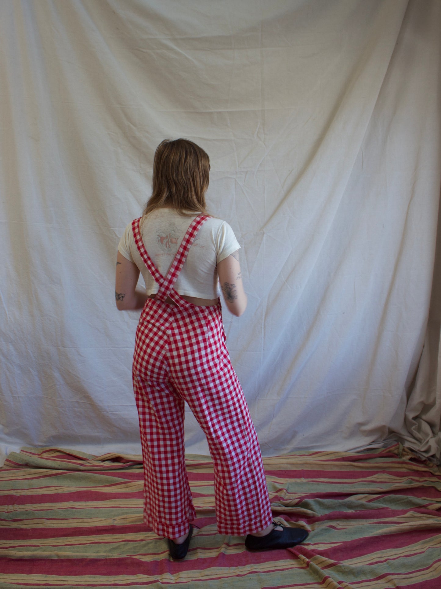 1930s Gingham Cotton Bib Front Side Button Overalls