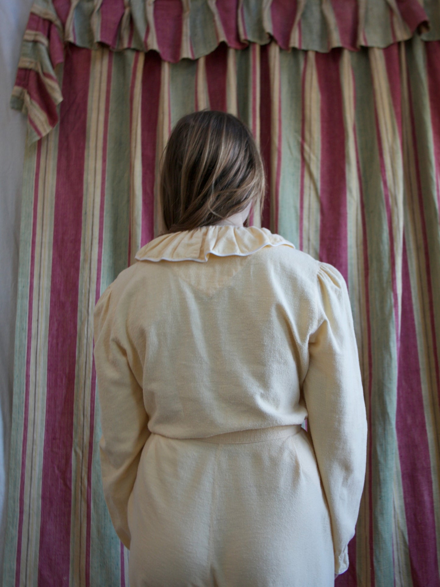 1940s Butter Yellow Soft Flannel Ruffle Trim Lounge Jumpsuit