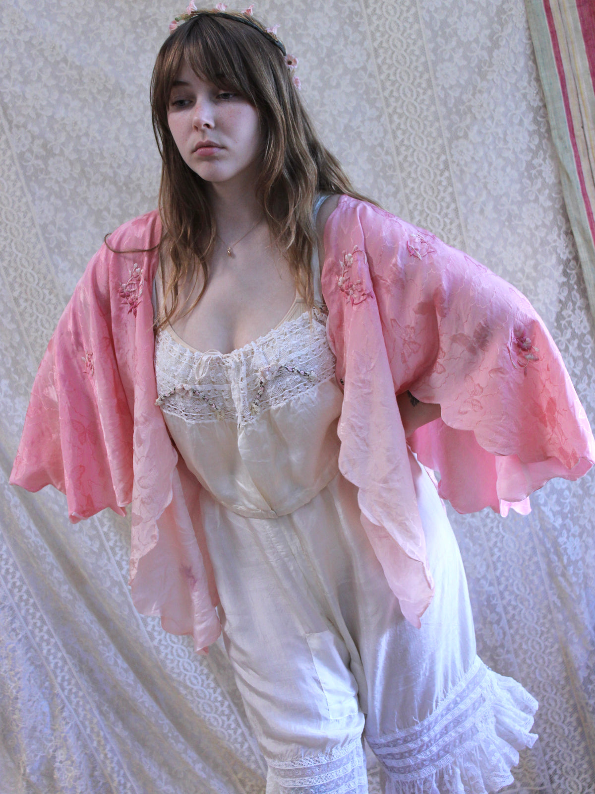 Antique 1920s Ombré Butterfly Jacquard Silk Embroidered Scalloped Lingerie Jacket