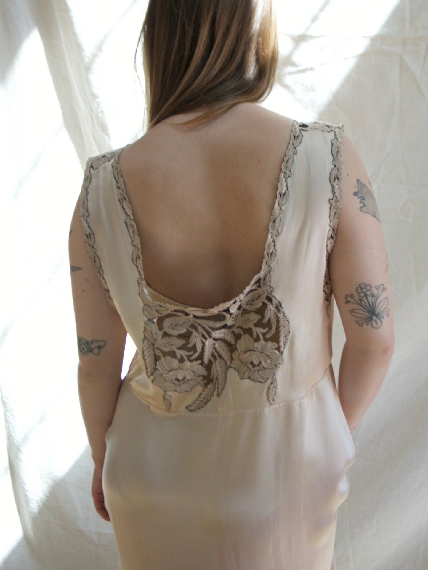 1930s Champagne Silk Inset Lace Low Back Slip Dress