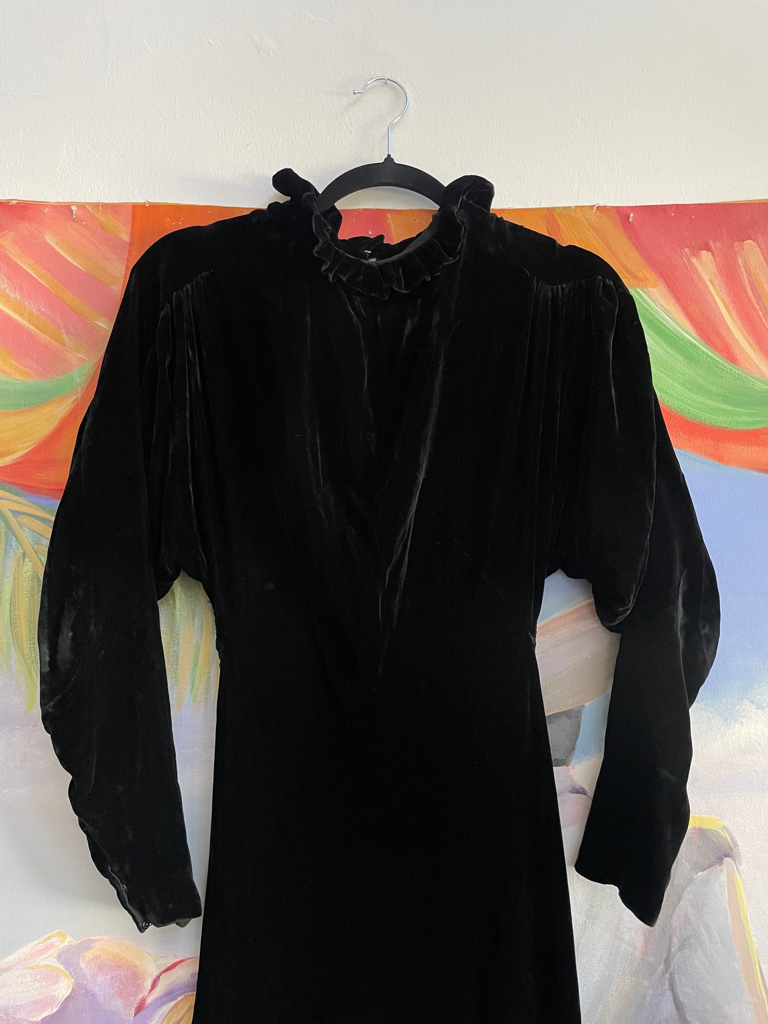 1930s Inky Black High Neck Silk Velvet Dolman Sleeve Keyhole Gown