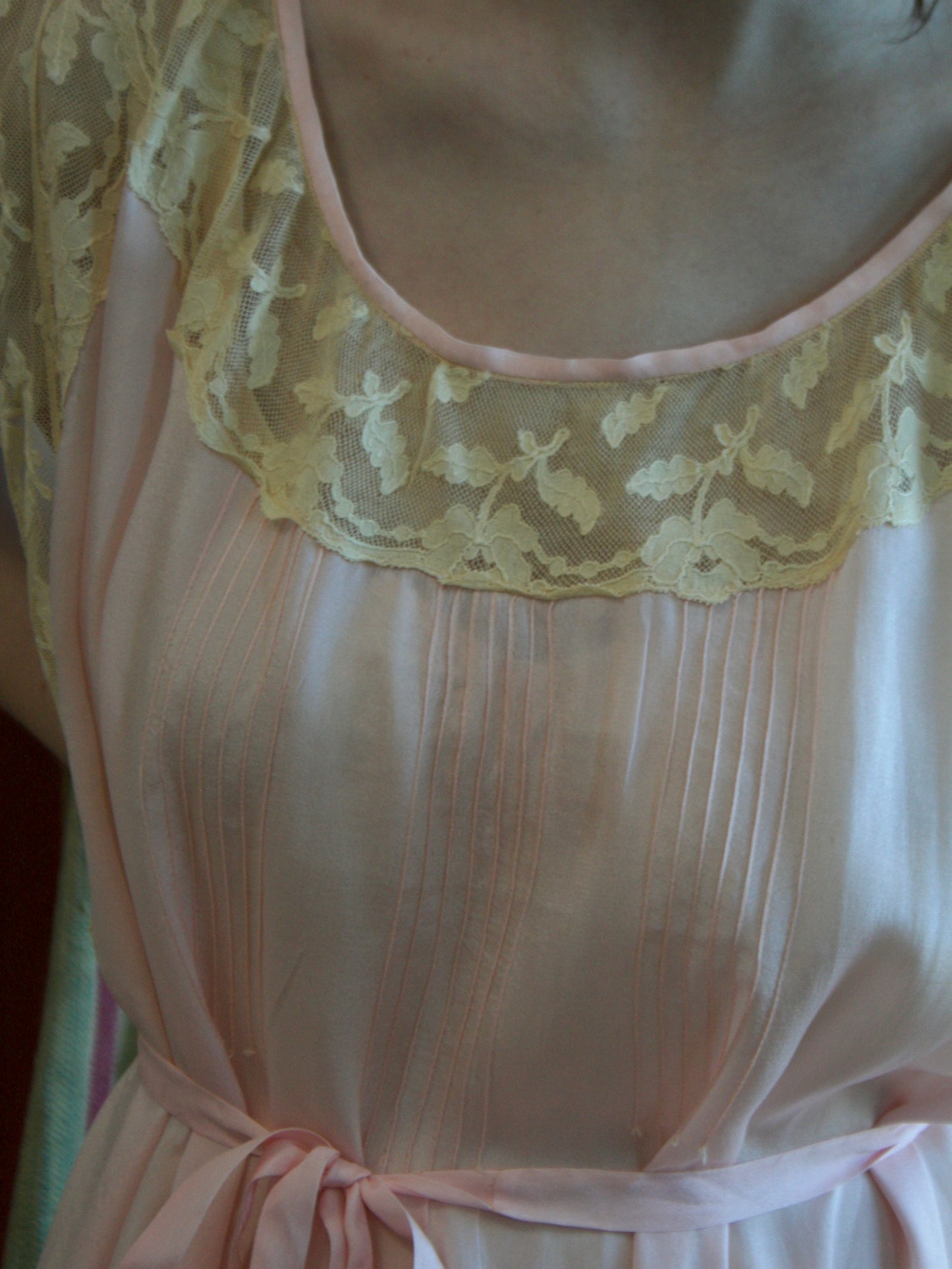 Antique 1920s Pale Pink Pin-tuck Silk Ecru Lace Slip Dress