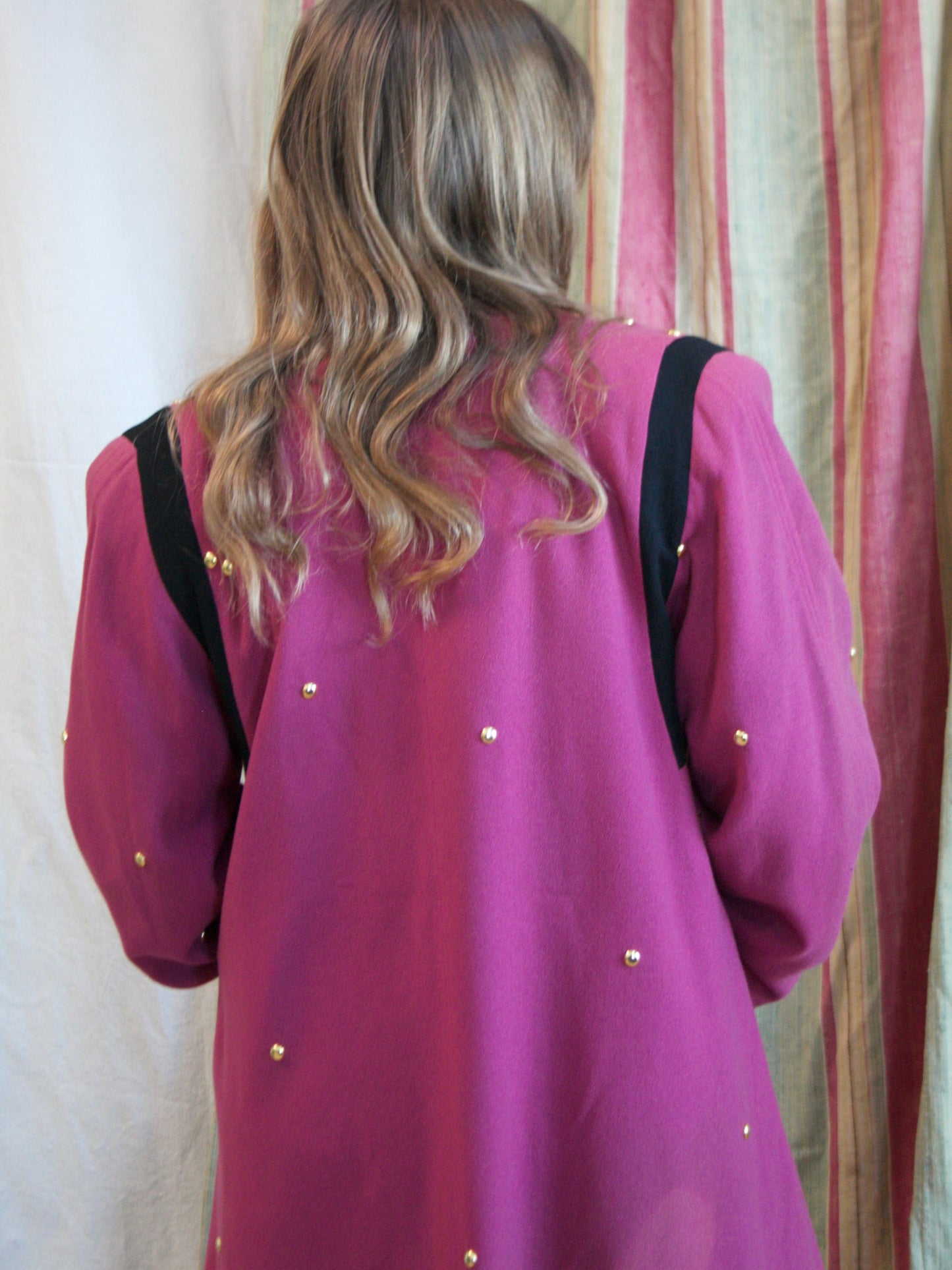 1940s Color Block Strong Shoulder Studded Swing Coat