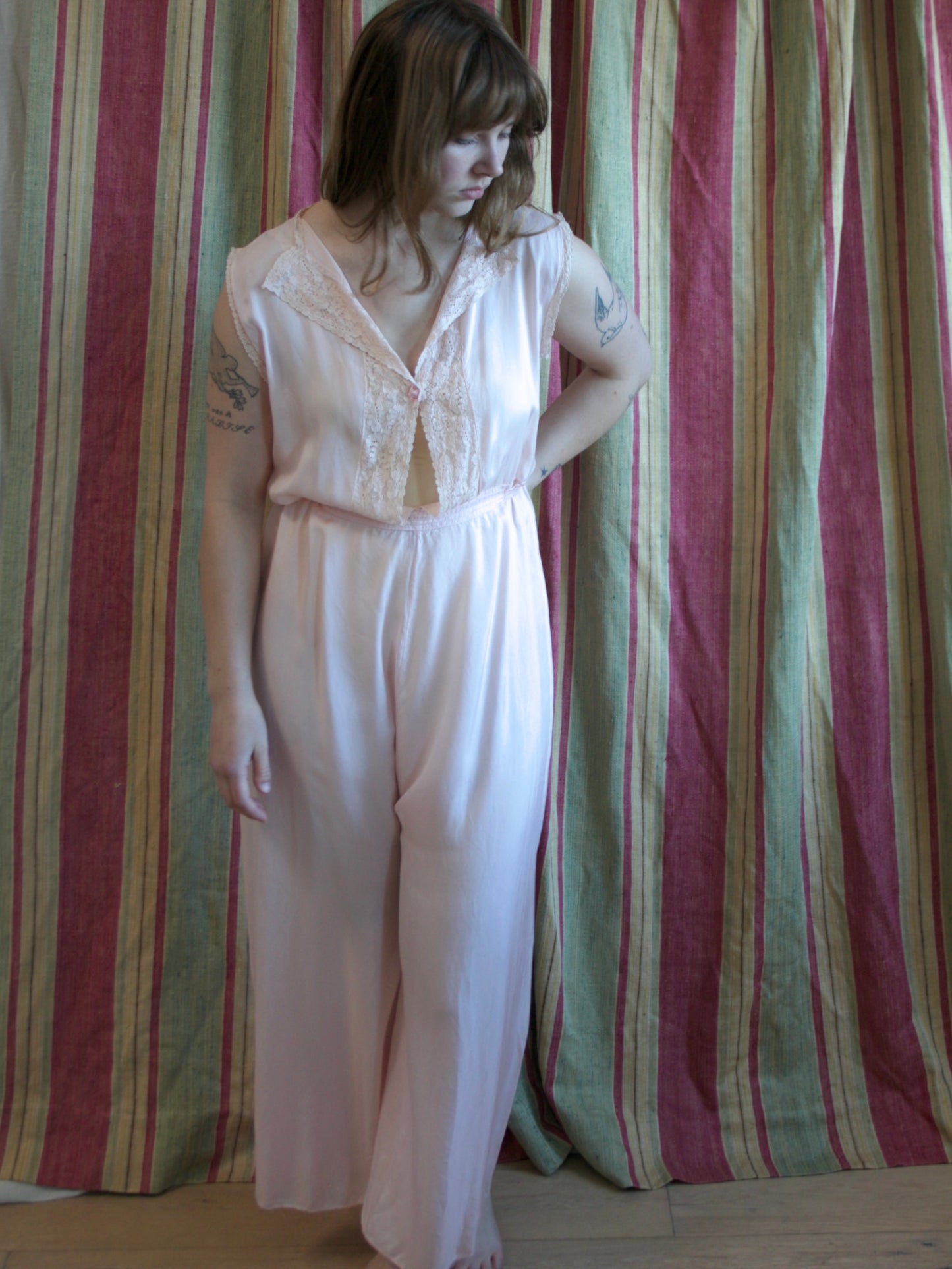 1930s Petal Pink Lace Trim Keyhole Boudoir Jumpsuit