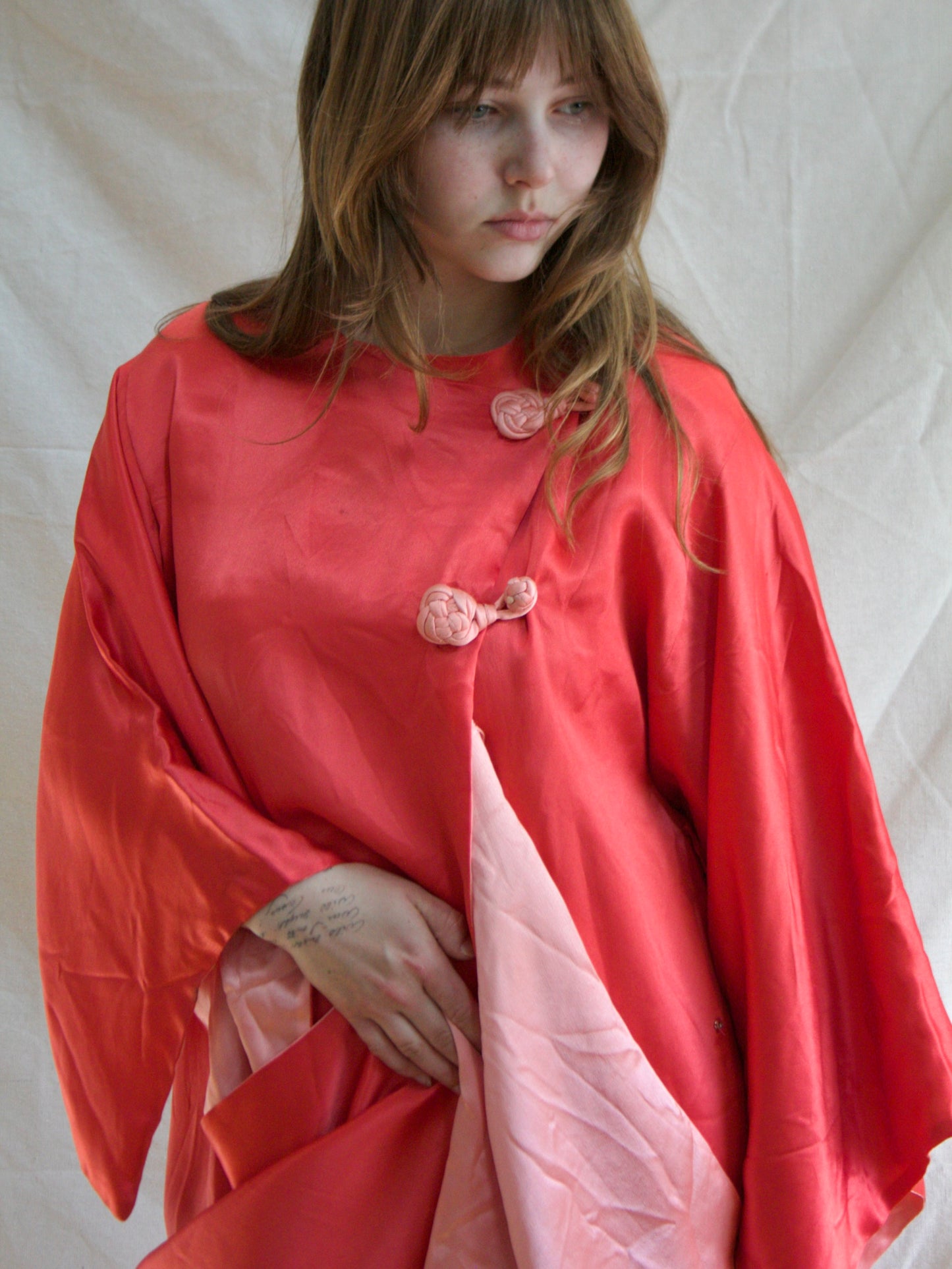 Antique 1920s Day-Glo Neon Coral Kimono Sleeve Silk Frog Closure Robe